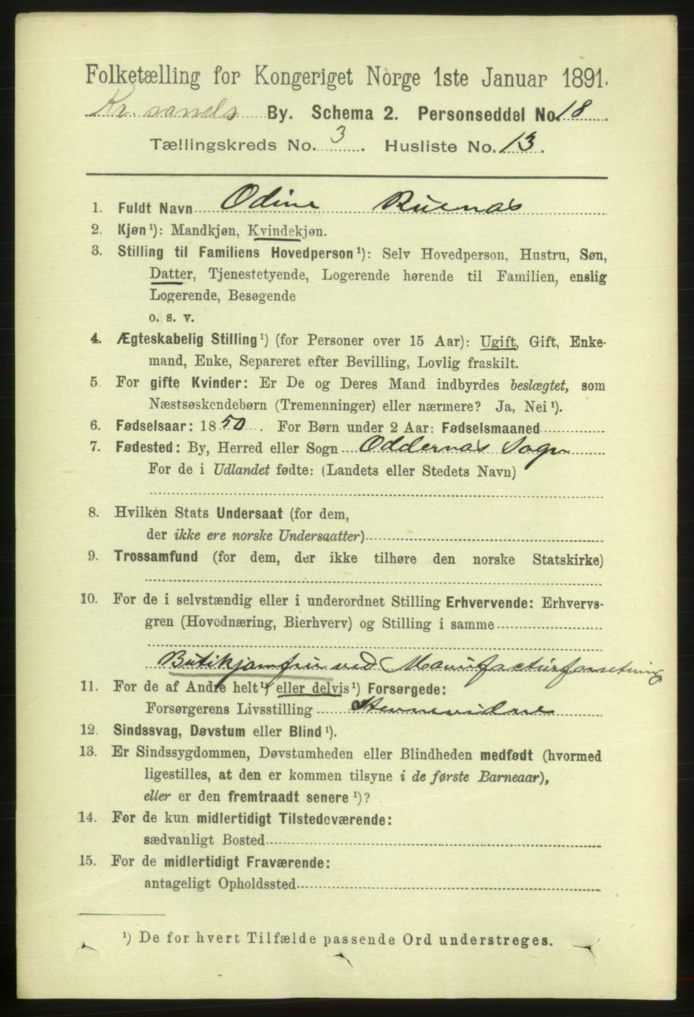 RA, 1891 census for 1001 Kristiansand, 1891, p. 3510