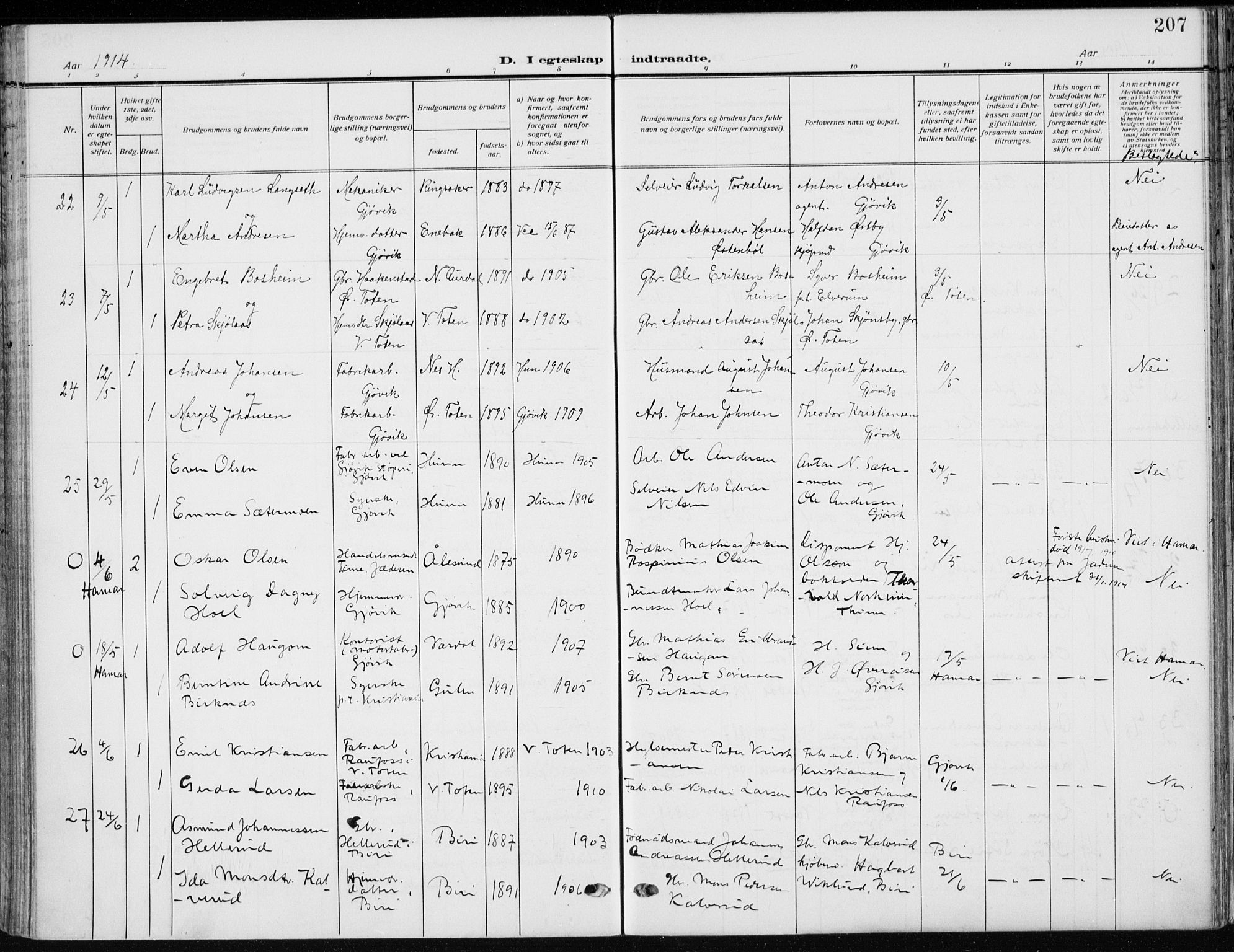 Vardal prestekontor, AV/SAH-PREST-100/H/Ha/Haa/L0014: Parish register (official) no. 14, 1912-1922, p. 207