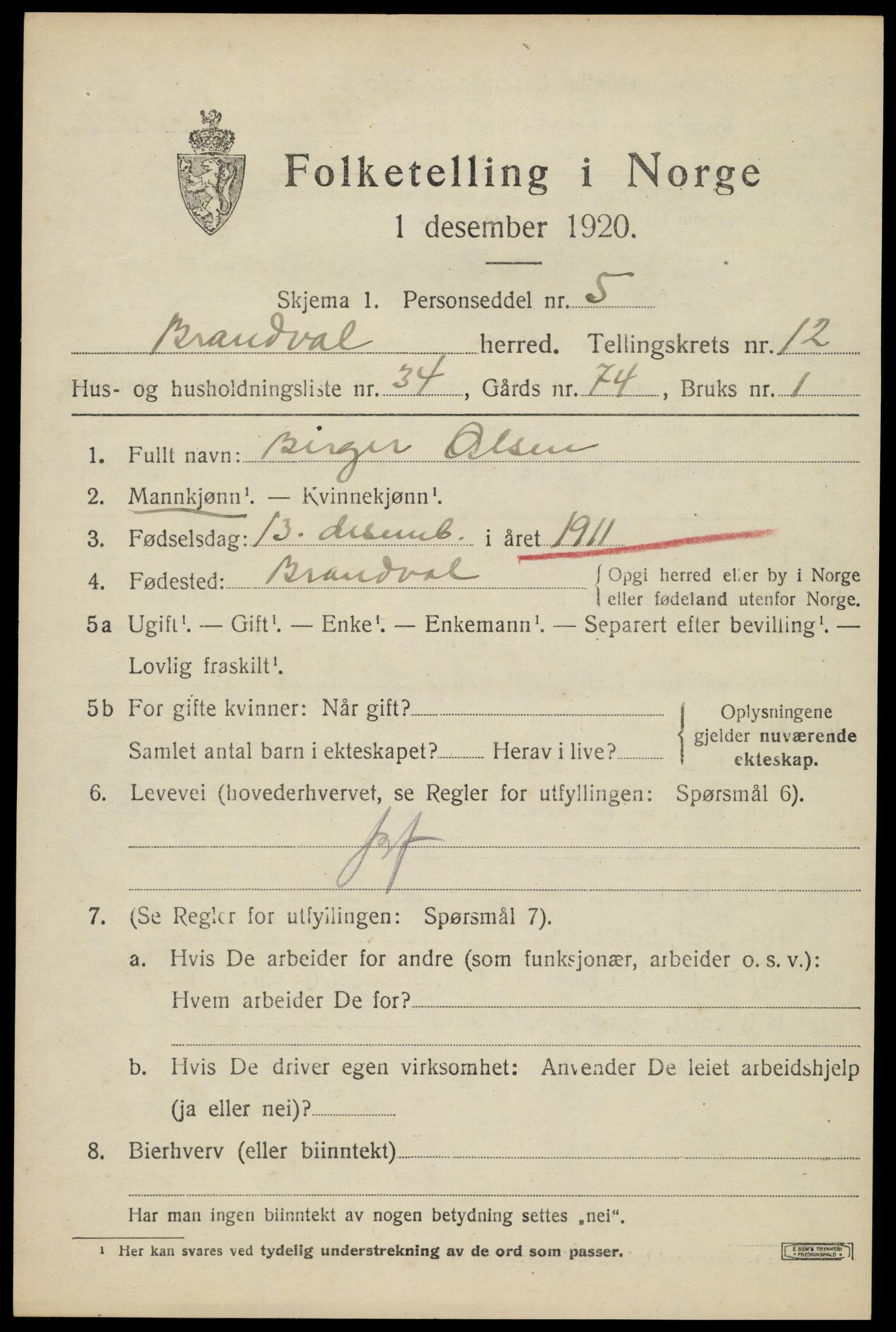 SAH, 1920 census for Brandval, 1920, p. 8828