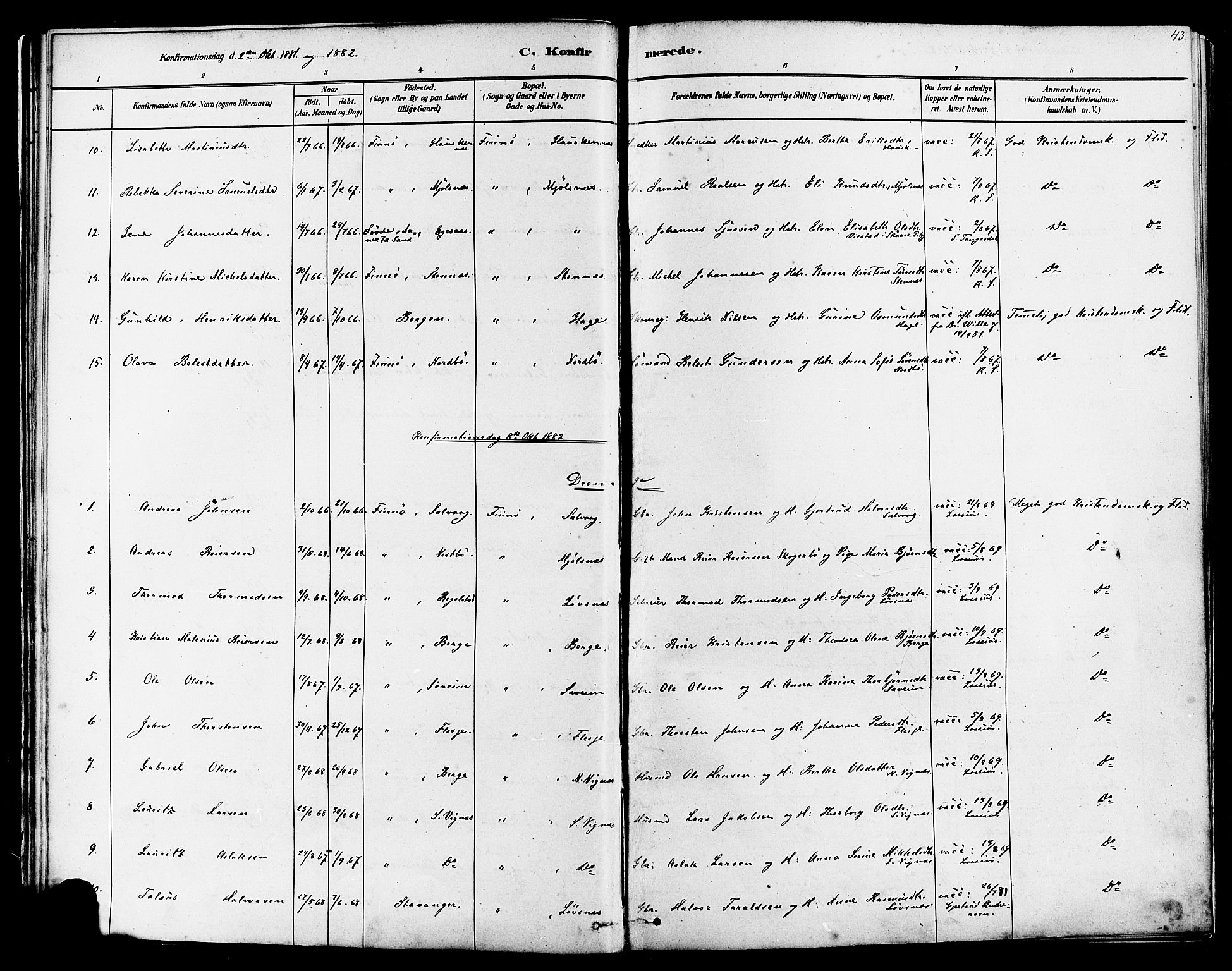 Finnøy sokneprestkontor, AV/SAST-A-101825/H/Ha/Haa/L0010: Parish register (official) no. A 10, 1879-1890, p. 43