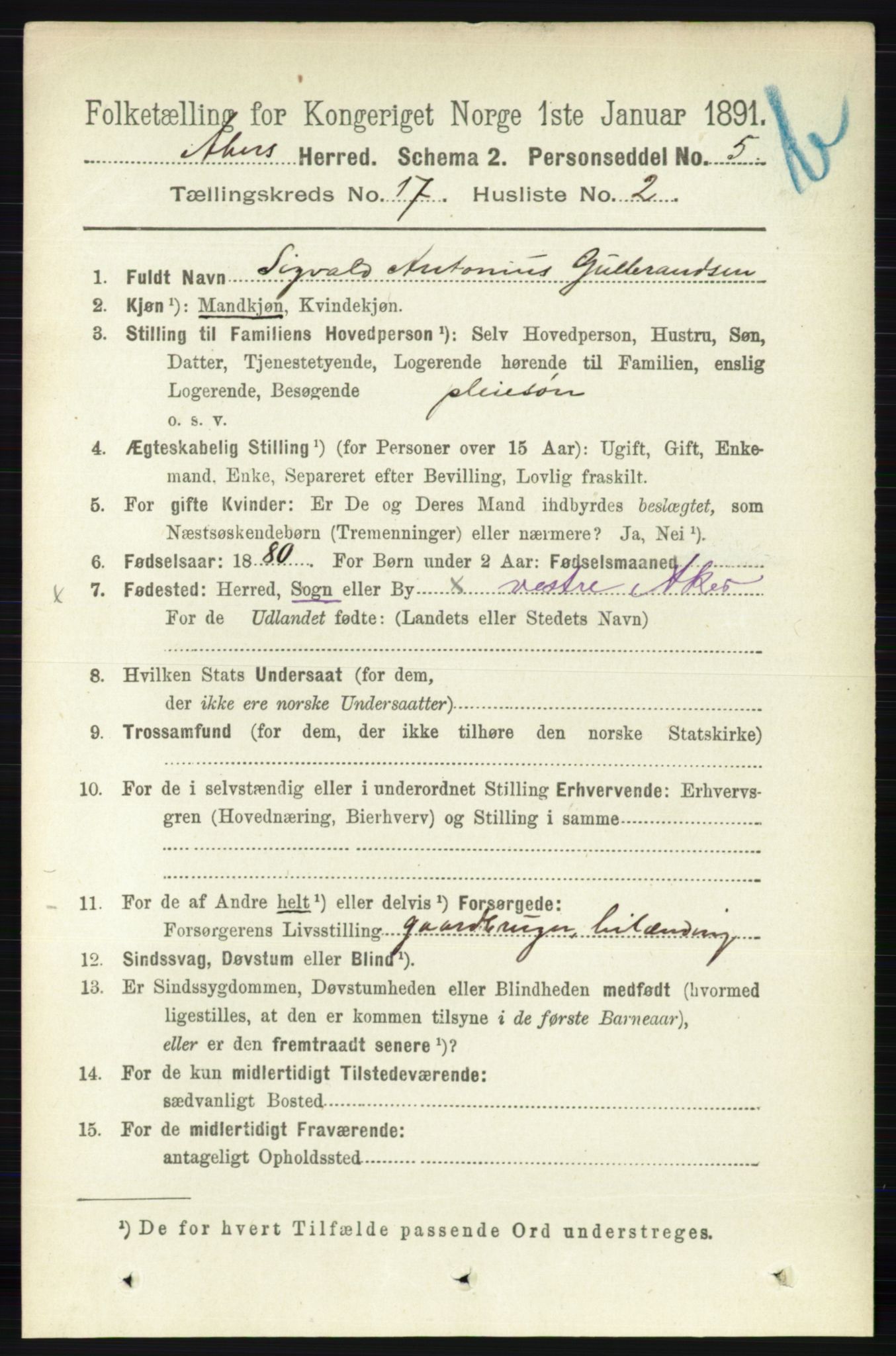 RA, 1891 census for 0218 Aker, 1891, p. 15860