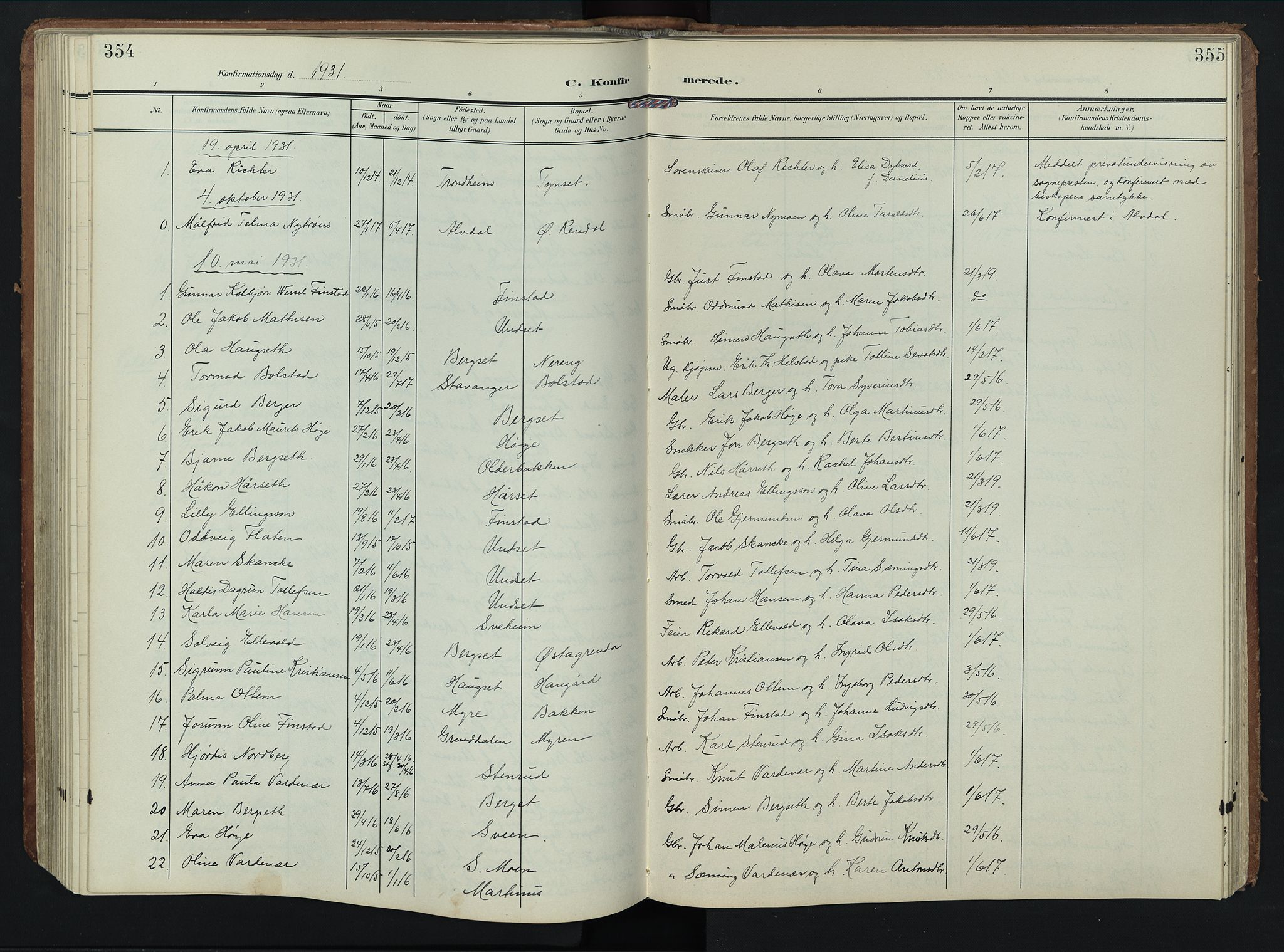 Rendalen prestekontor, SAH/PREST-054/H/Ha/Hab/L0004: Parish register (copy) no. 4, 1904-1946, p. 354-355