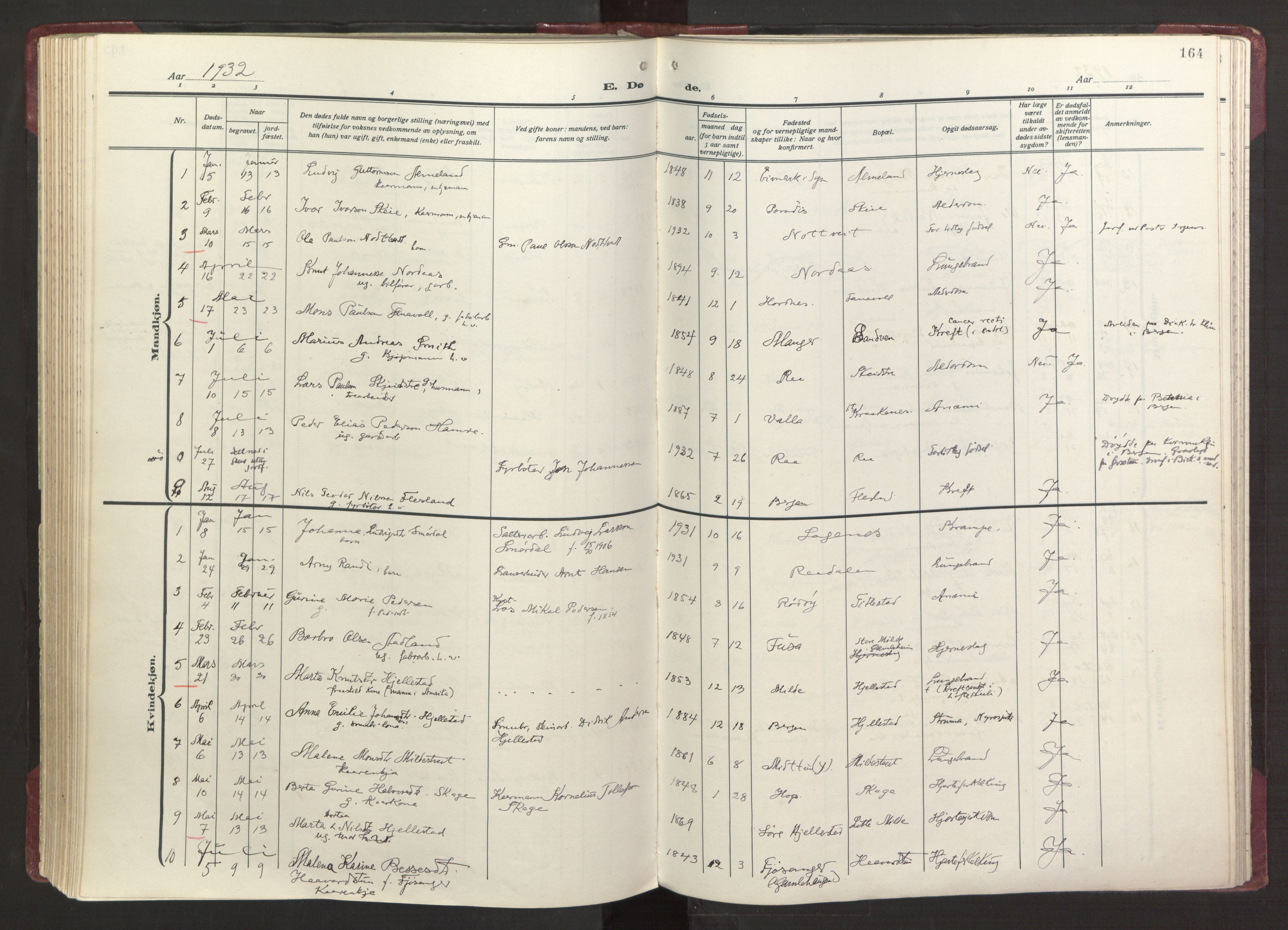 Fana Sokneprestembete, SAB/A-75101/H/Haa/Haab/L0006: Parish register (official) no. B 6, 1923-1967, p. 164