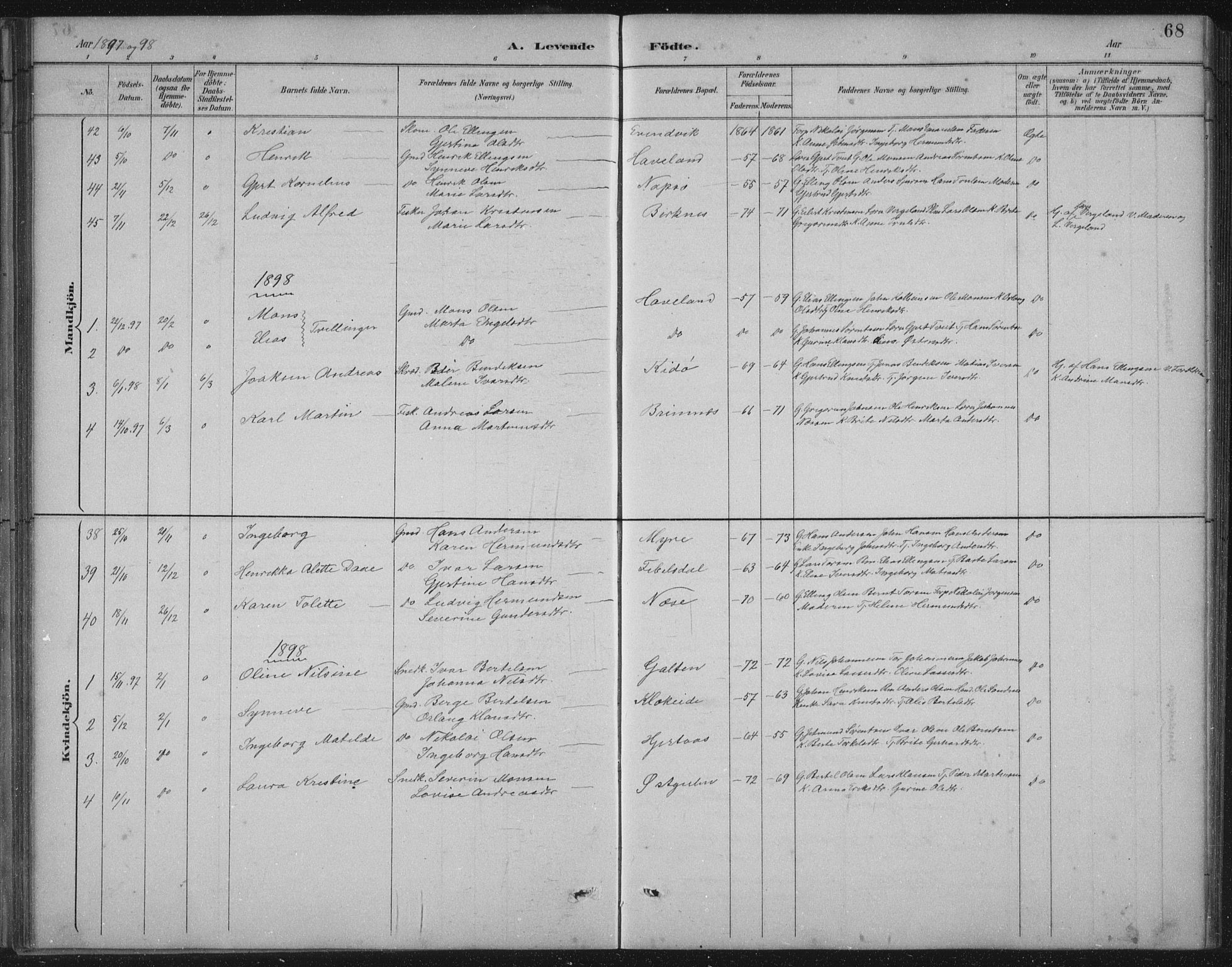 Gulen sokneprestembete, AV/SAB-A-80201/H/Hab/Habb/L0003: Parish register (copy) no. B 3, 1884-1907, p. 68