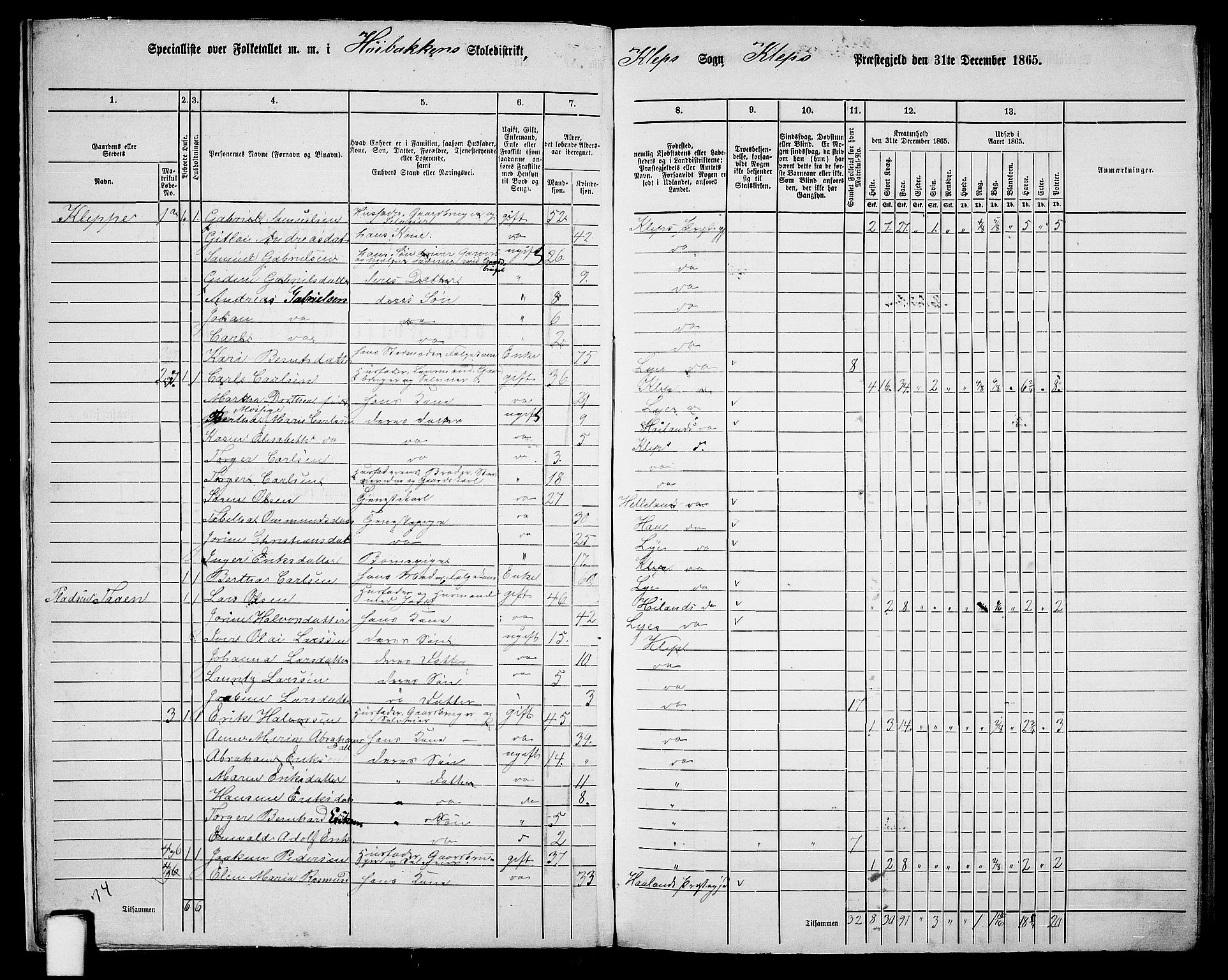 RA, 1865 census for Klepp, 1865, p. 10