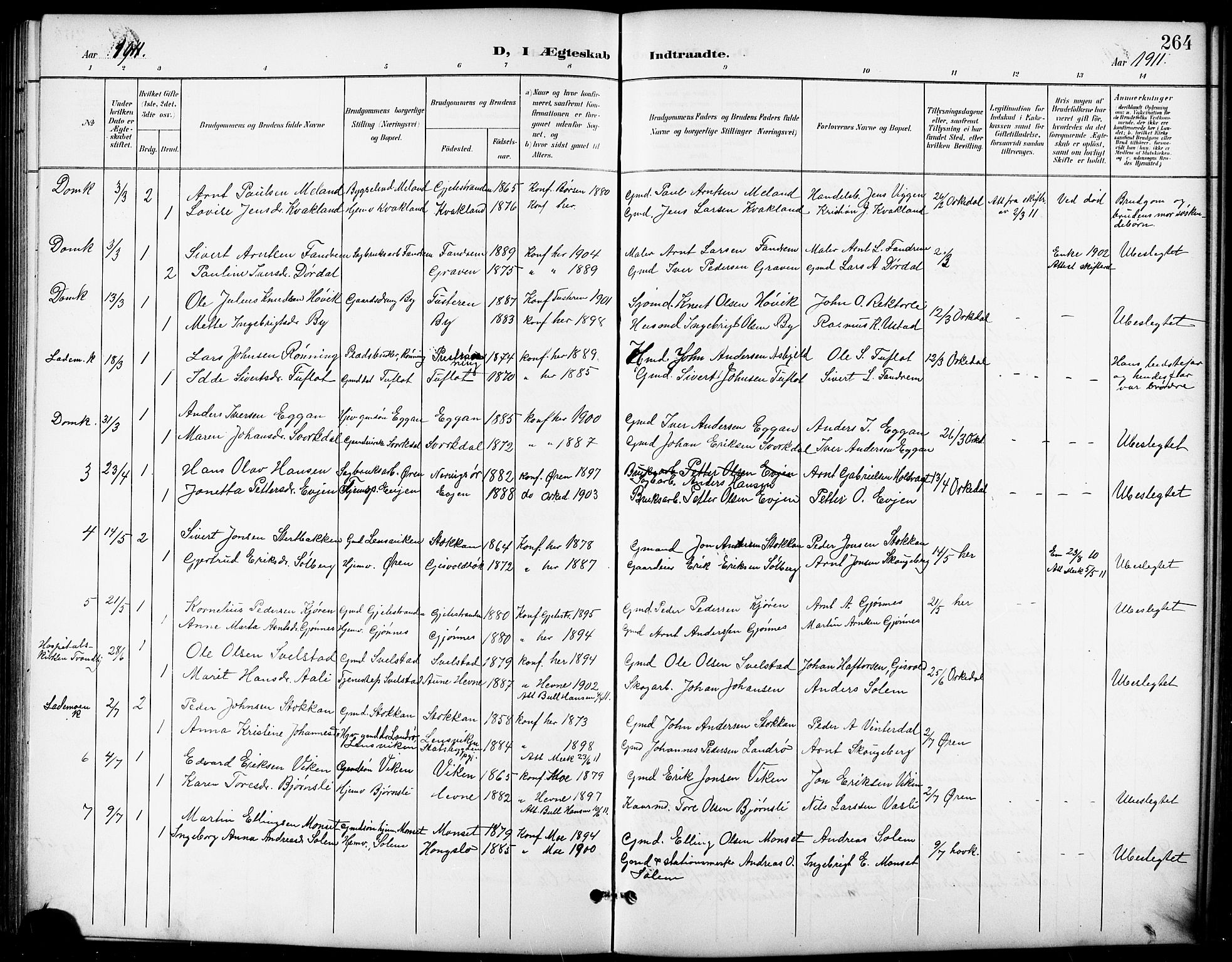 Ministerialprotokoller, klokkerbøker og fødselsregistre - Sør-Trøndelag, SAT/A-1456/668/L0819: Parish register (copy) no. 668C08, 1899-1912, p. 264