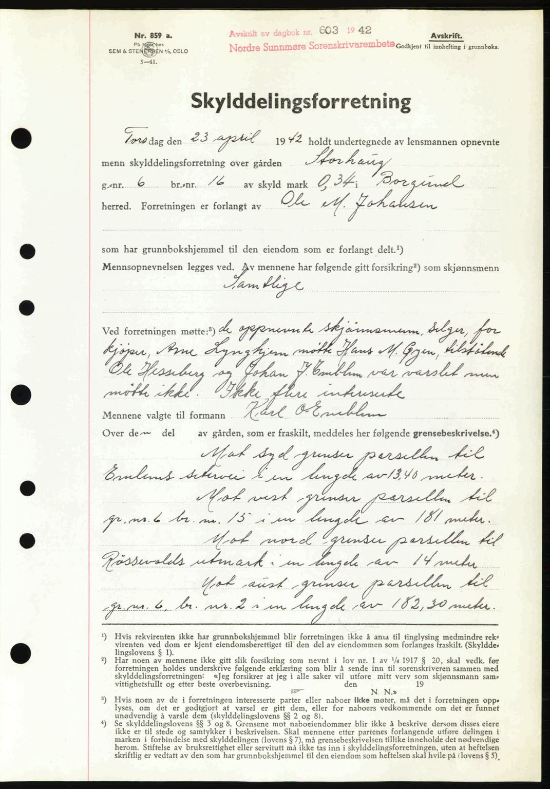 Nordre Sunnmøre sorenskriveri, AV/SAT-A-0006/1/2/2C/2Ca: Mortgage book no. A13, 1942-1942, Diary no: : 603/1942