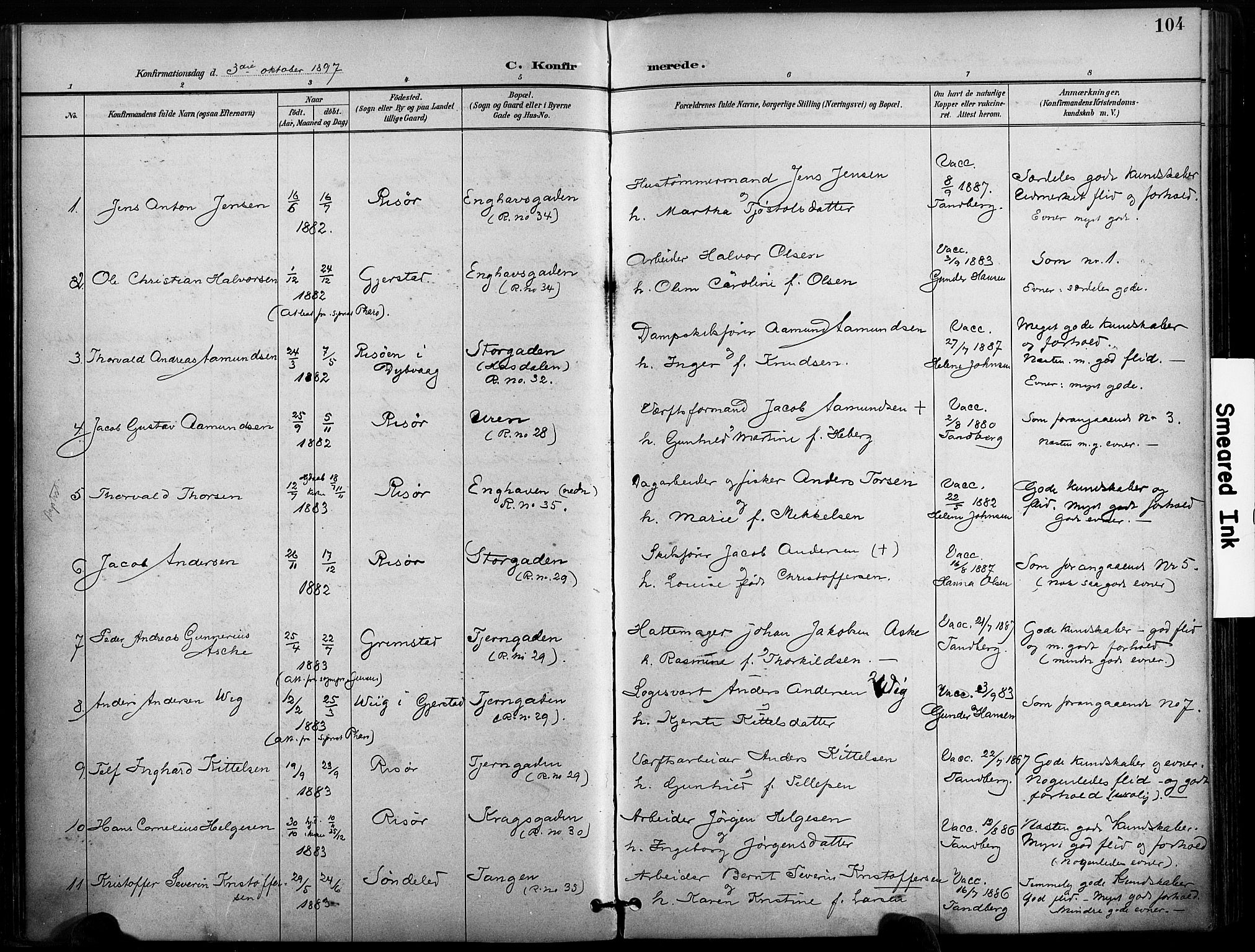 Risør sokneprestkontor, AV/SAK-1111-0035/F/Fa/L0010: Parish register (official) no. A 10, 1896-1906, p. 105