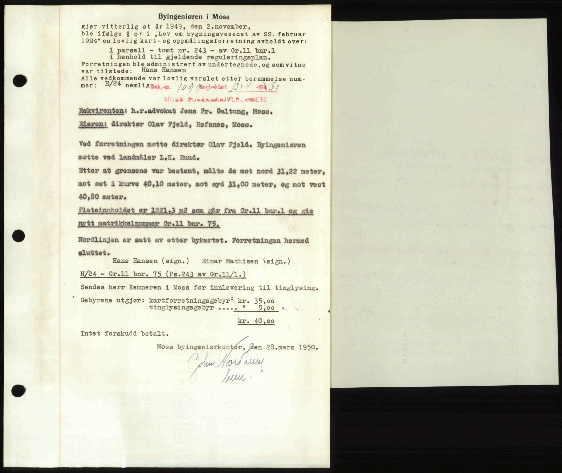 Moss sorenskriveri, SAO/A-10168: Mortgage book no. A25, 1950-1950, Diary no: : 1097/1950