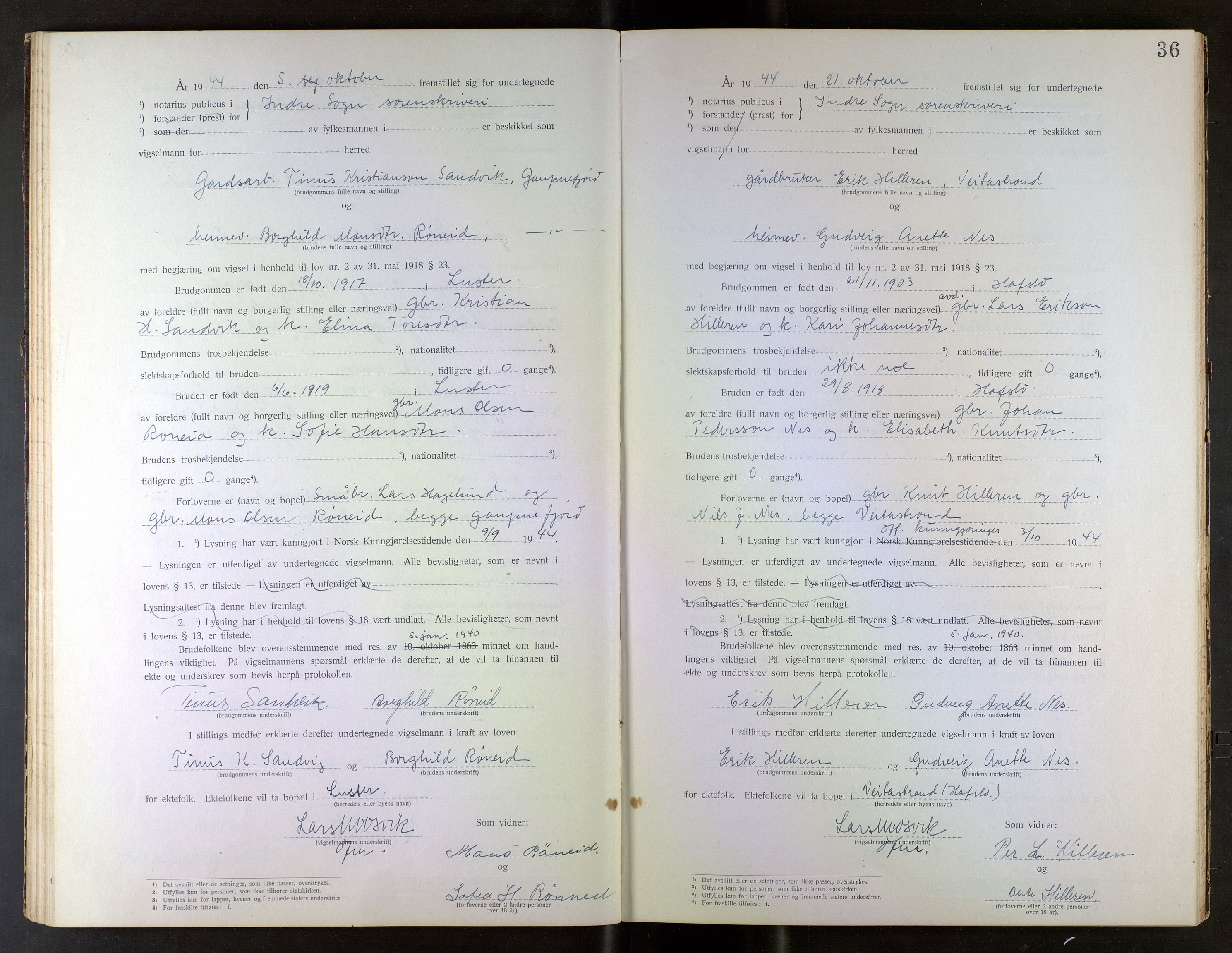 Indre Sogn tingrett, AV/SAB-A-3301/1/L/La/Laa/L0001: Vigselsbok Indre Sogn, 1938-1967, p. 36
