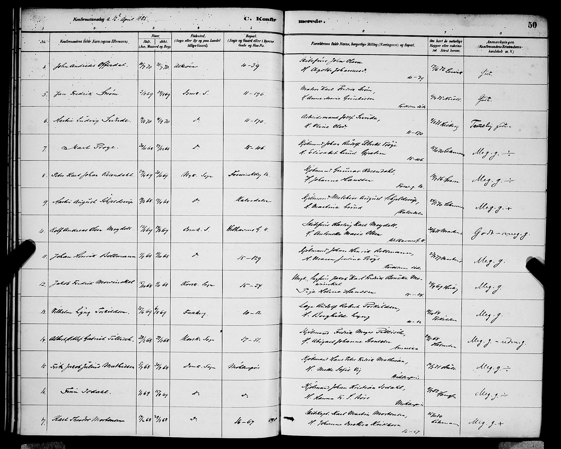 Domkirken sokneprestembete, SAB/A-74801/H/Hab/L0024: Parish register (copy) no. C 4, 1880-1899, p. 50
