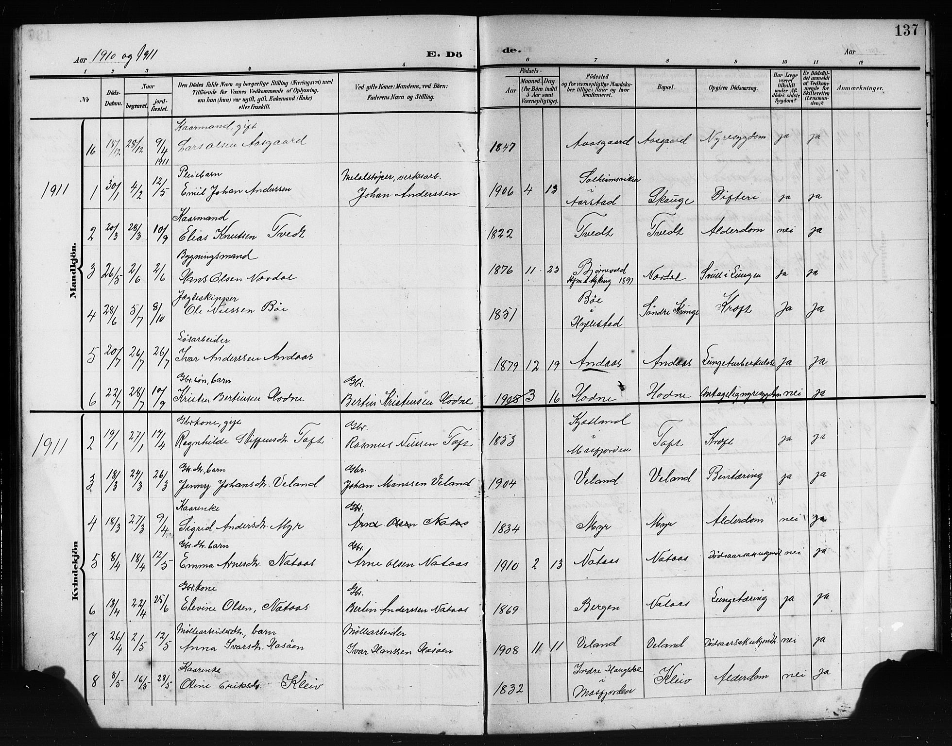 Lindås Sokneprestembete, SAB/A-76701/H/Hab: Parish register (copy) no. E 4, 1906-1921, p. 137