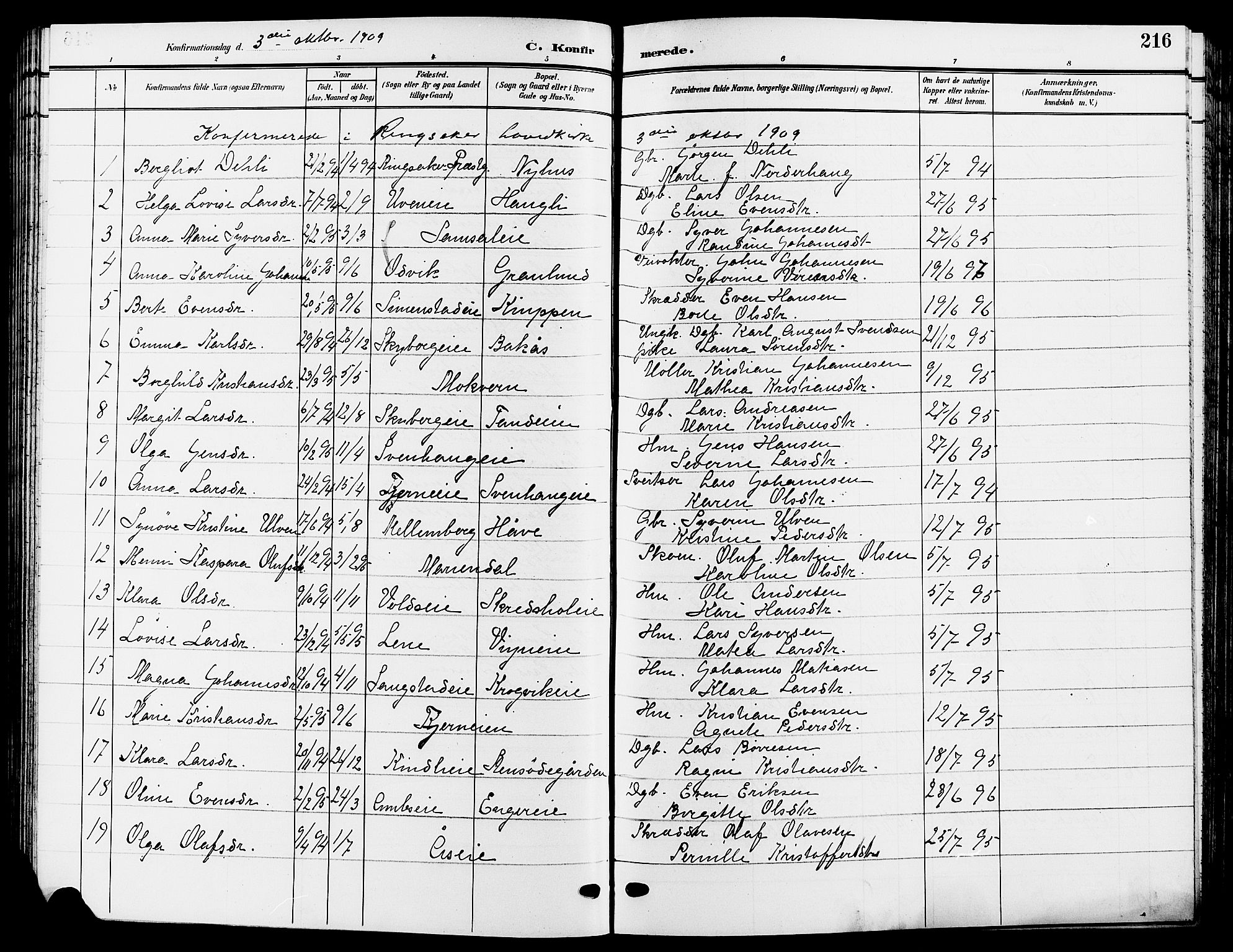 Ringsaker prestekontor, SAH/PREST-014/L/La/L0015: Parish register (copy) no. 15, 1903-1912, p. 216
