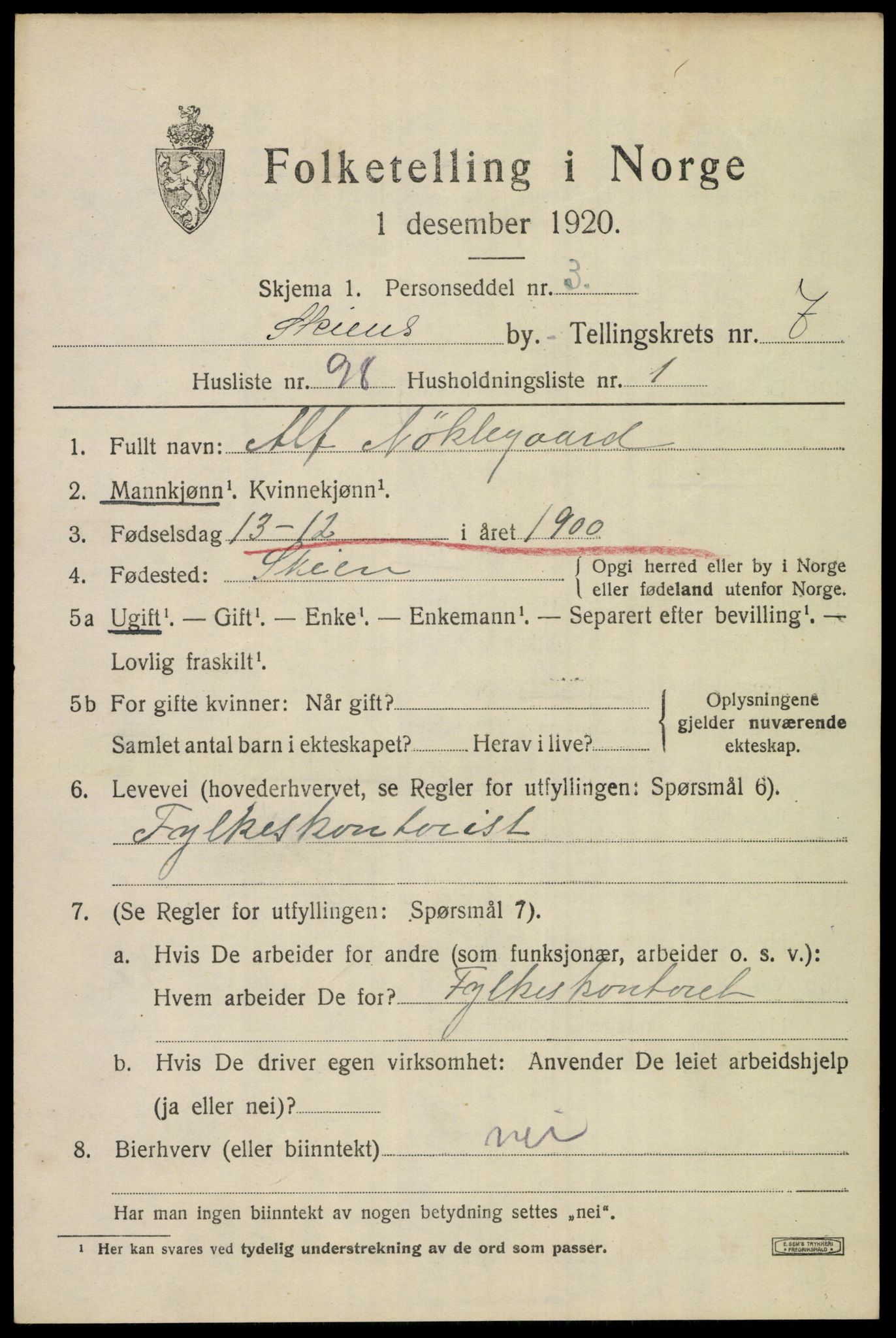 SAKO, 1920 census for Skien, 1920, p. 26578