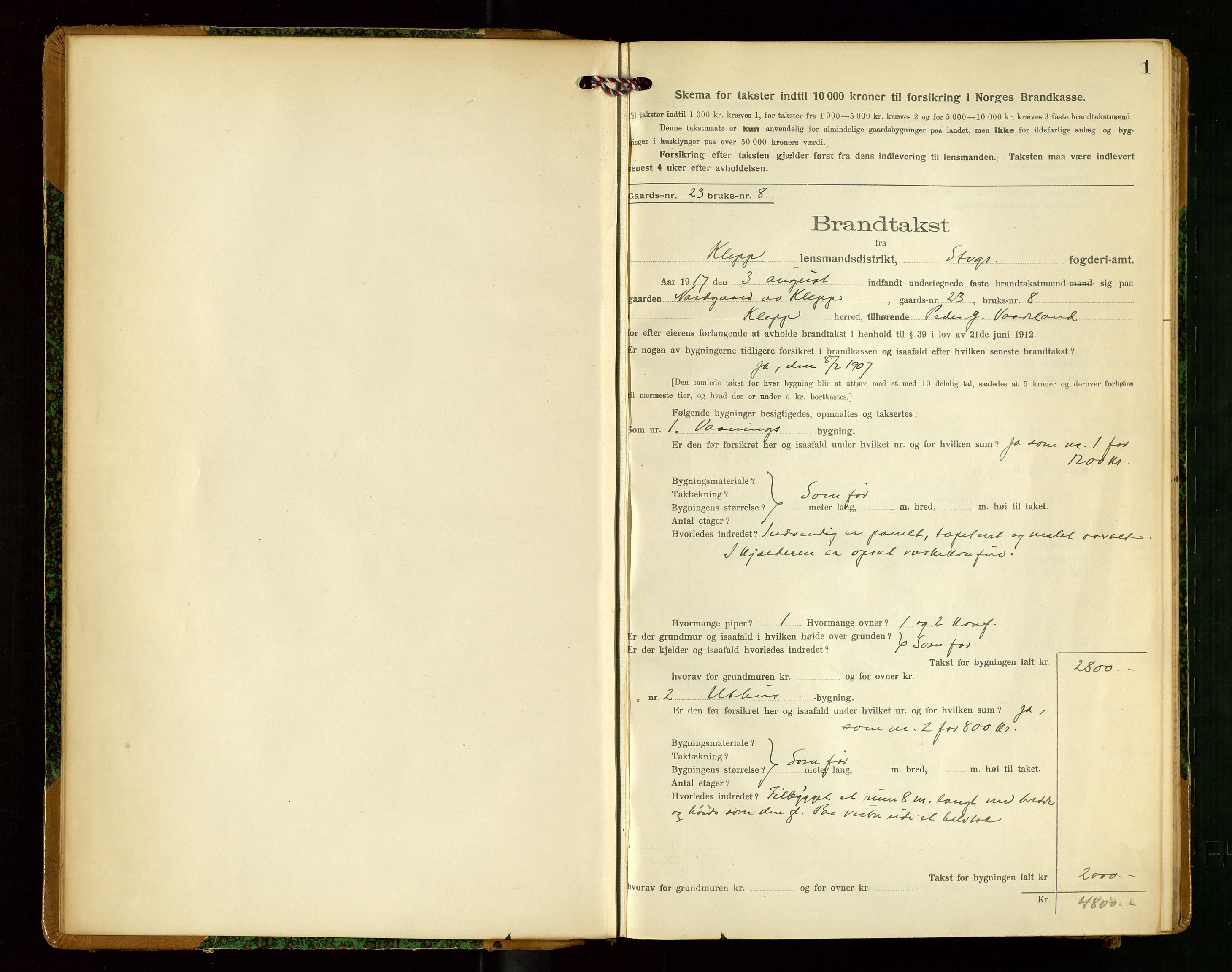 Klepp lensmannskontor, SAST/A-100163/Goc/L0009: "Brandtakstprotokol" m/register, 1917-1919, p. 1