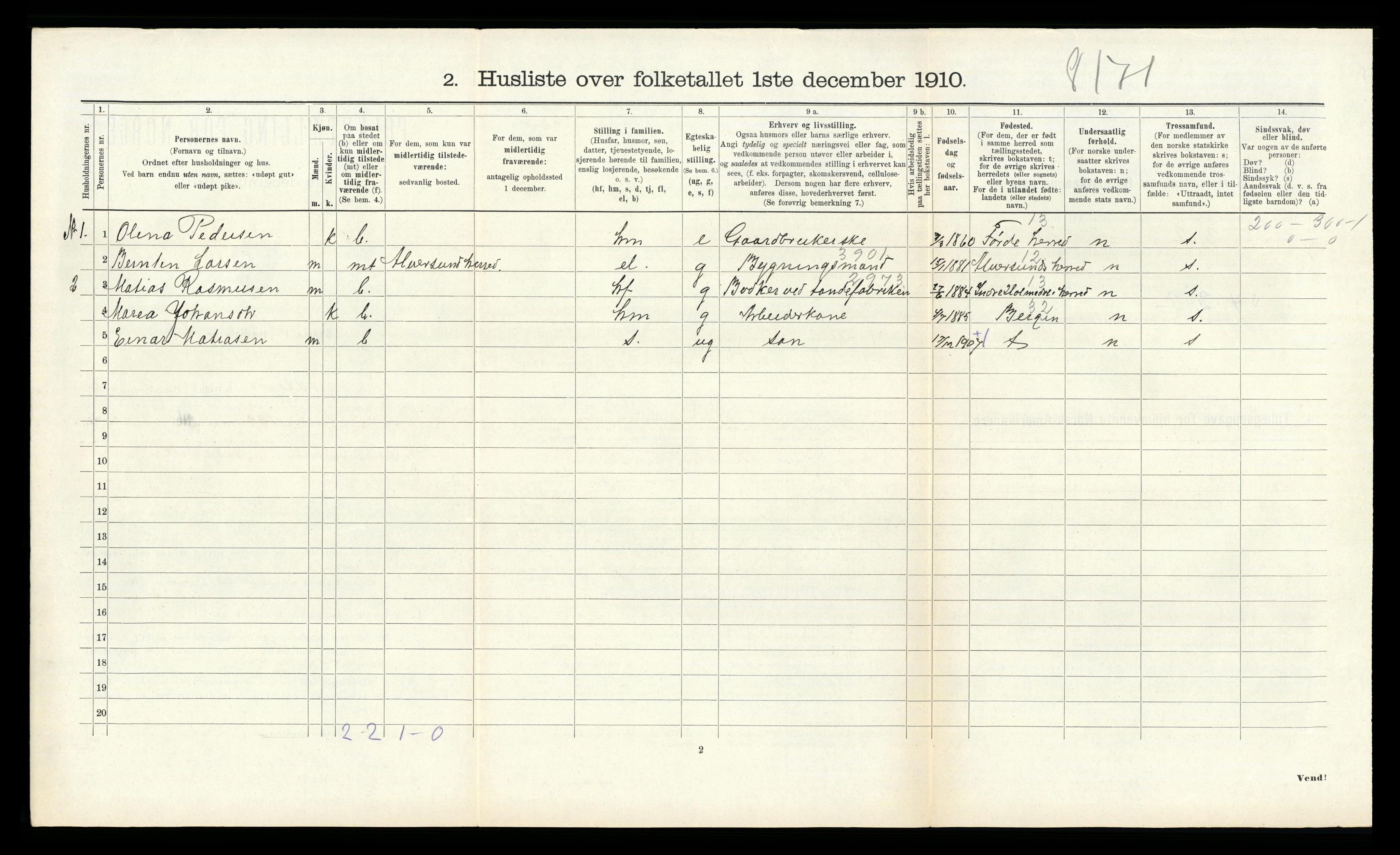 RA, 1910 census for Åsane, 1910, p. 384