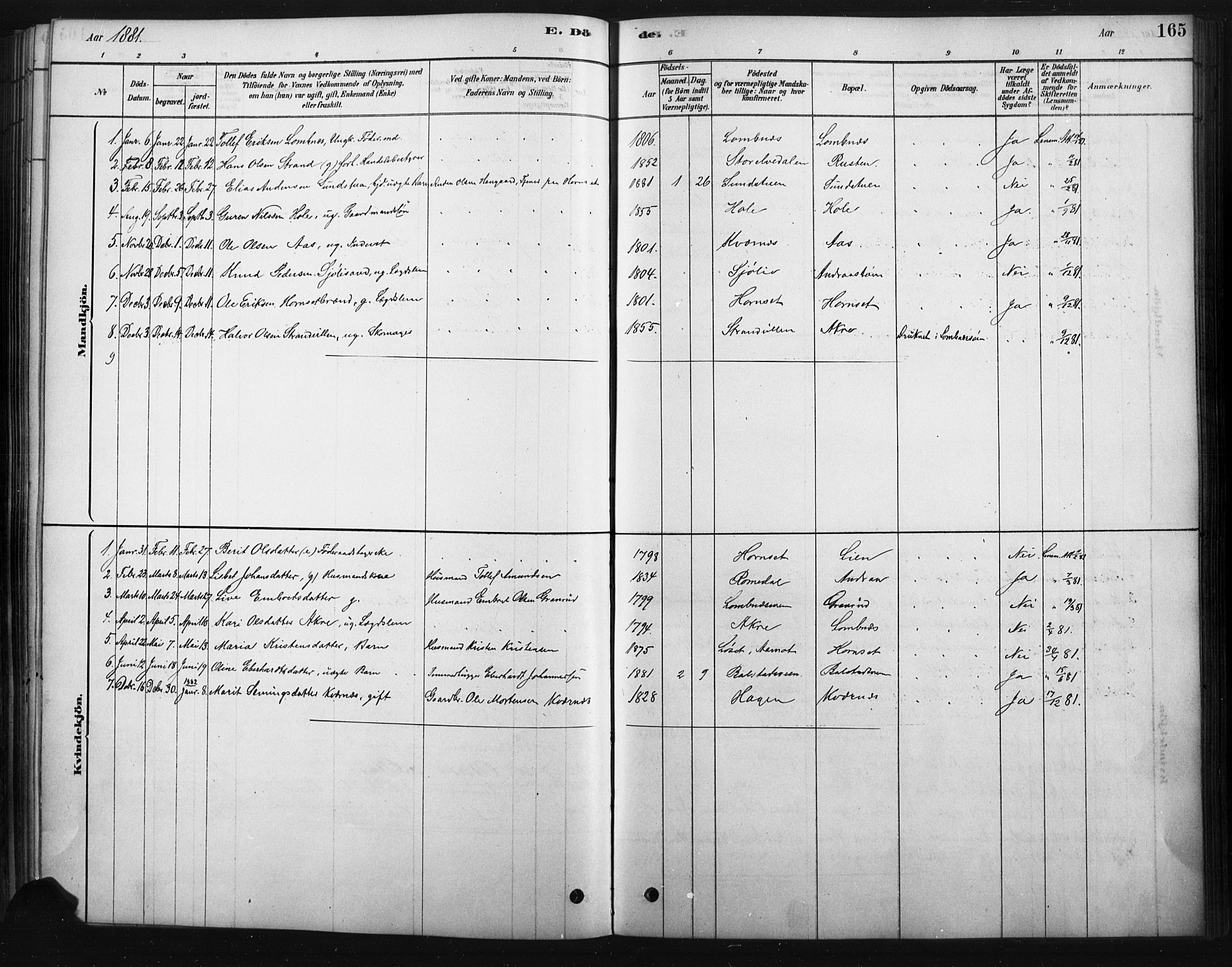 Rendalen prestekontor, AV/SAH-PREST-054/H/Ha/Haa/L0010: Parish register (official) no. 10, 1878-1901, p. 165