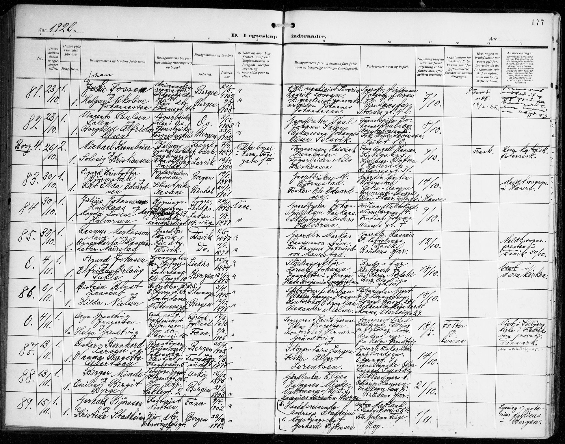 Johanneskirken sokneprestembete, AV/SAB-A-76001/H/Haa/L0013: Parish register (official) no. D 2, 1912-1929, p. 177