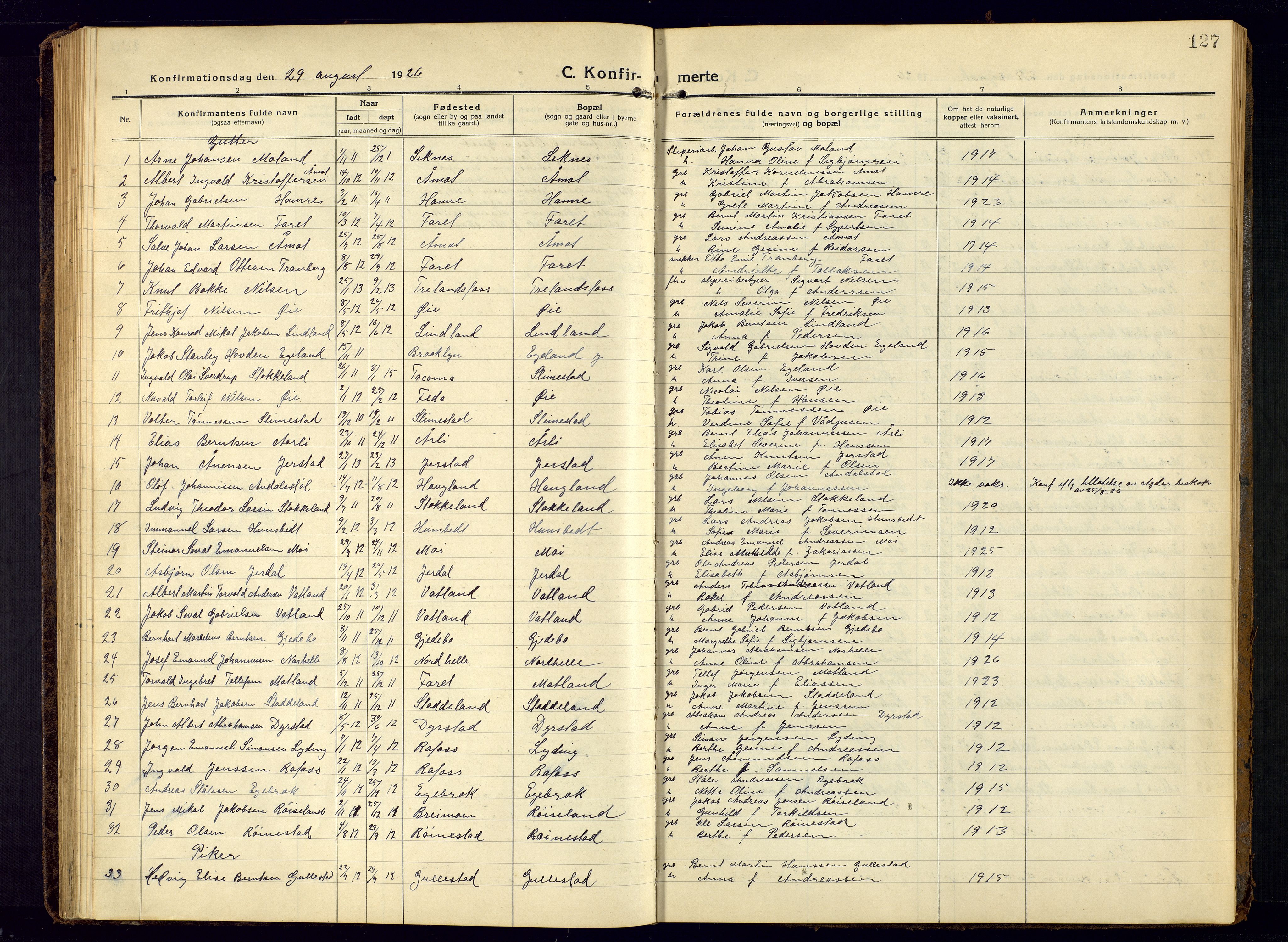 Kvinesdal sokneprestkontor, AV/SAK-1111-0026/F/Fb/Fbb/L0004: Parish register (copy) no. B 4, 1917-1938, p. 127