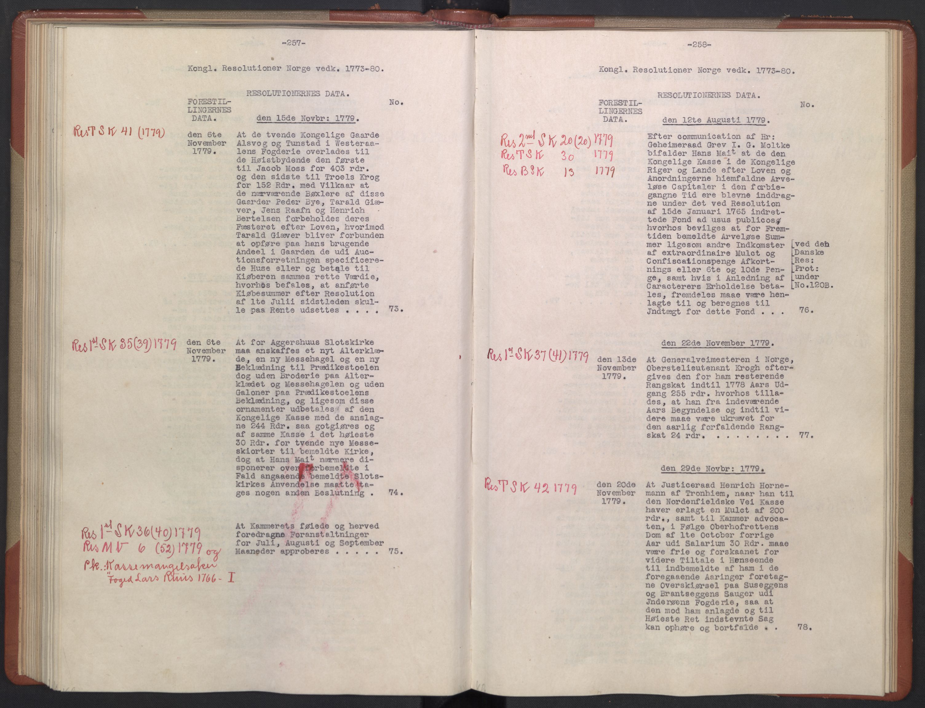 Avskriftsamlingen, AV/RA-EA-4022/F/Fb/L0122: Registratur over norske Relasjons- og resolusjonsprotokoller, 1773-1780, p. 87