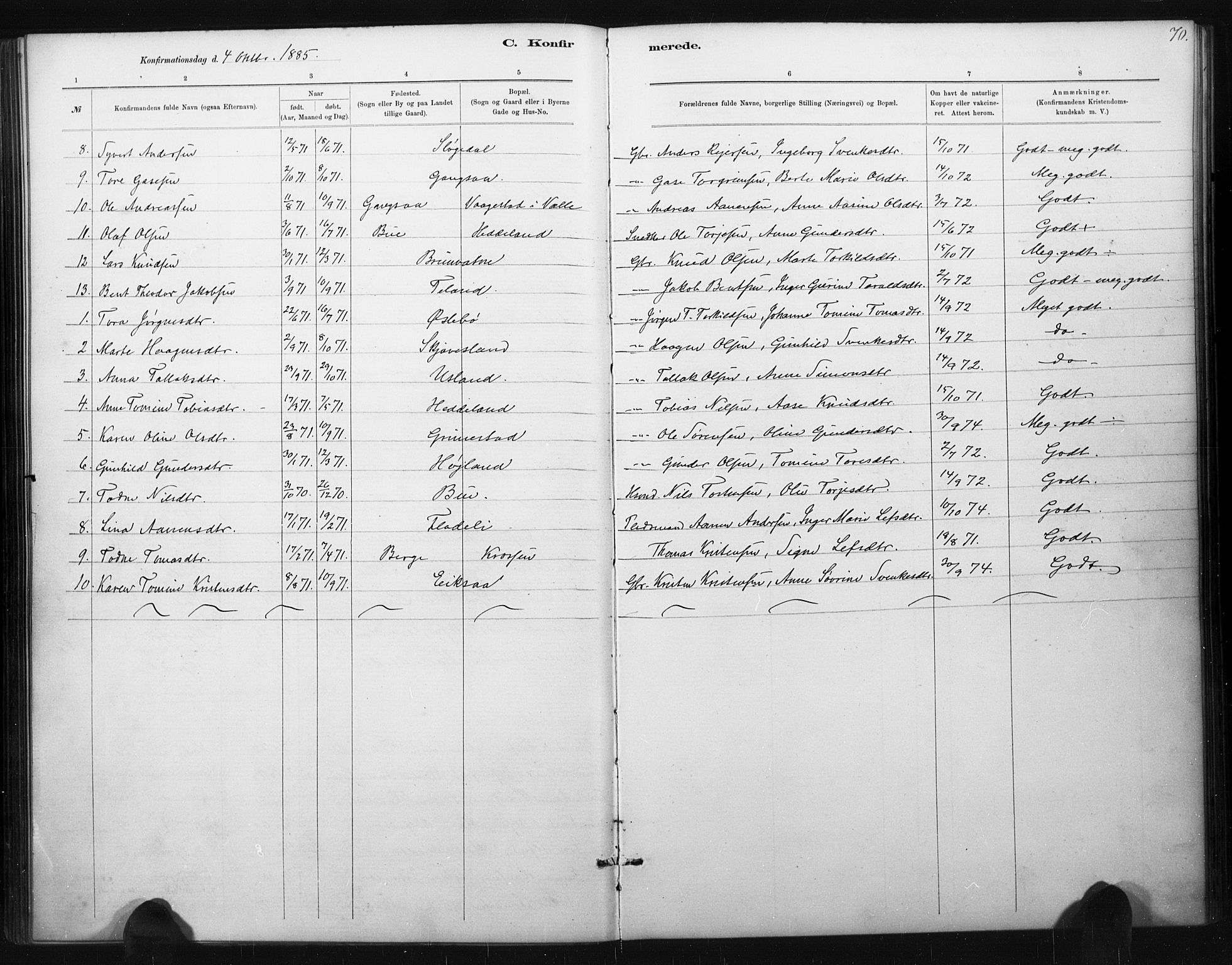 Holum sokneprestkontor, AV/SAK-1111-0022/F/Fa/Fac/L0004: Parish register (official) no. A 4, 1884-1907, p. 70