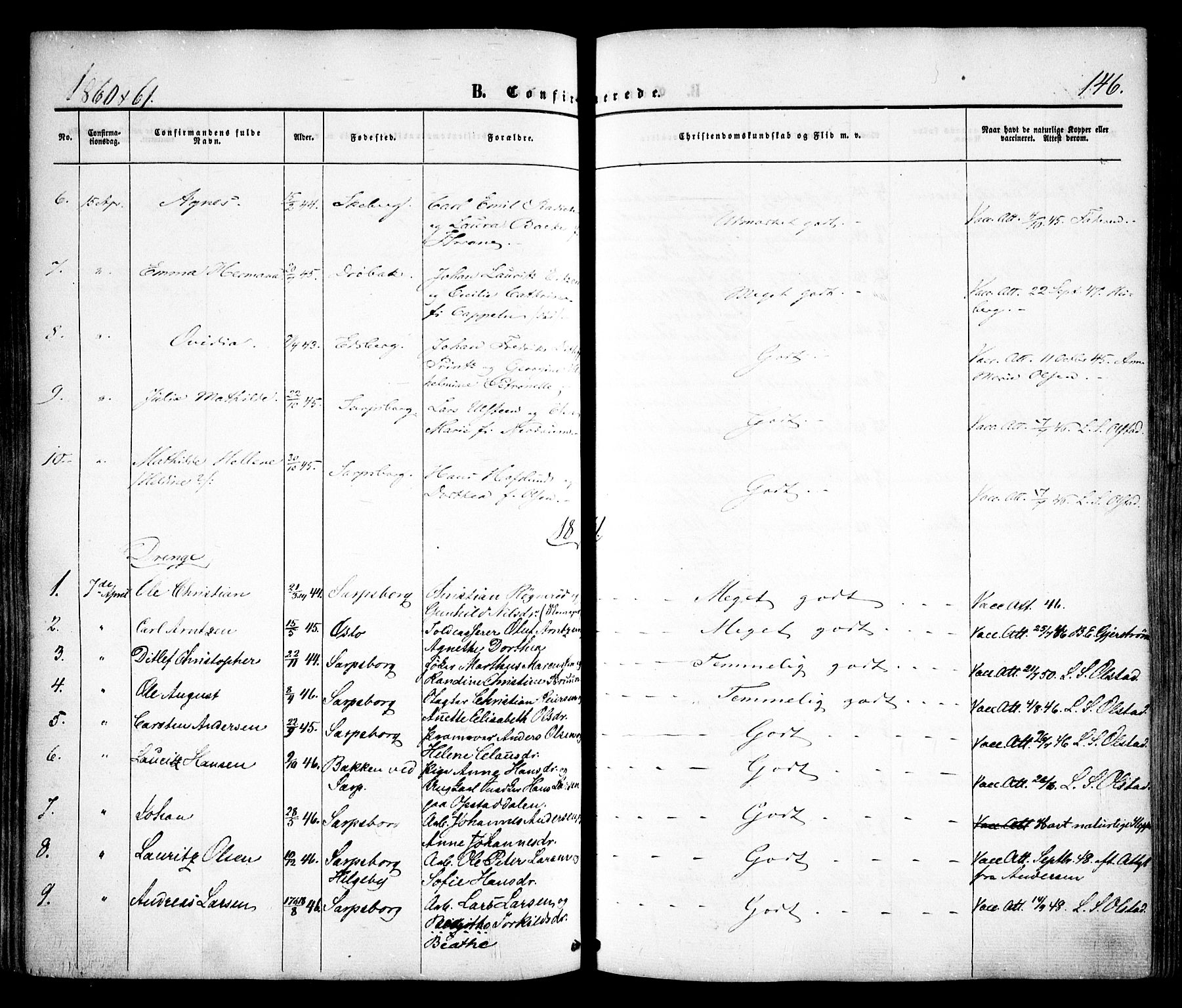 Sarpsborg prestekontor Kirkebøker, AV/SAO-A-2006/F/Fa/L0001: Parish register (official) no. 1, 1859-1868, p. 146