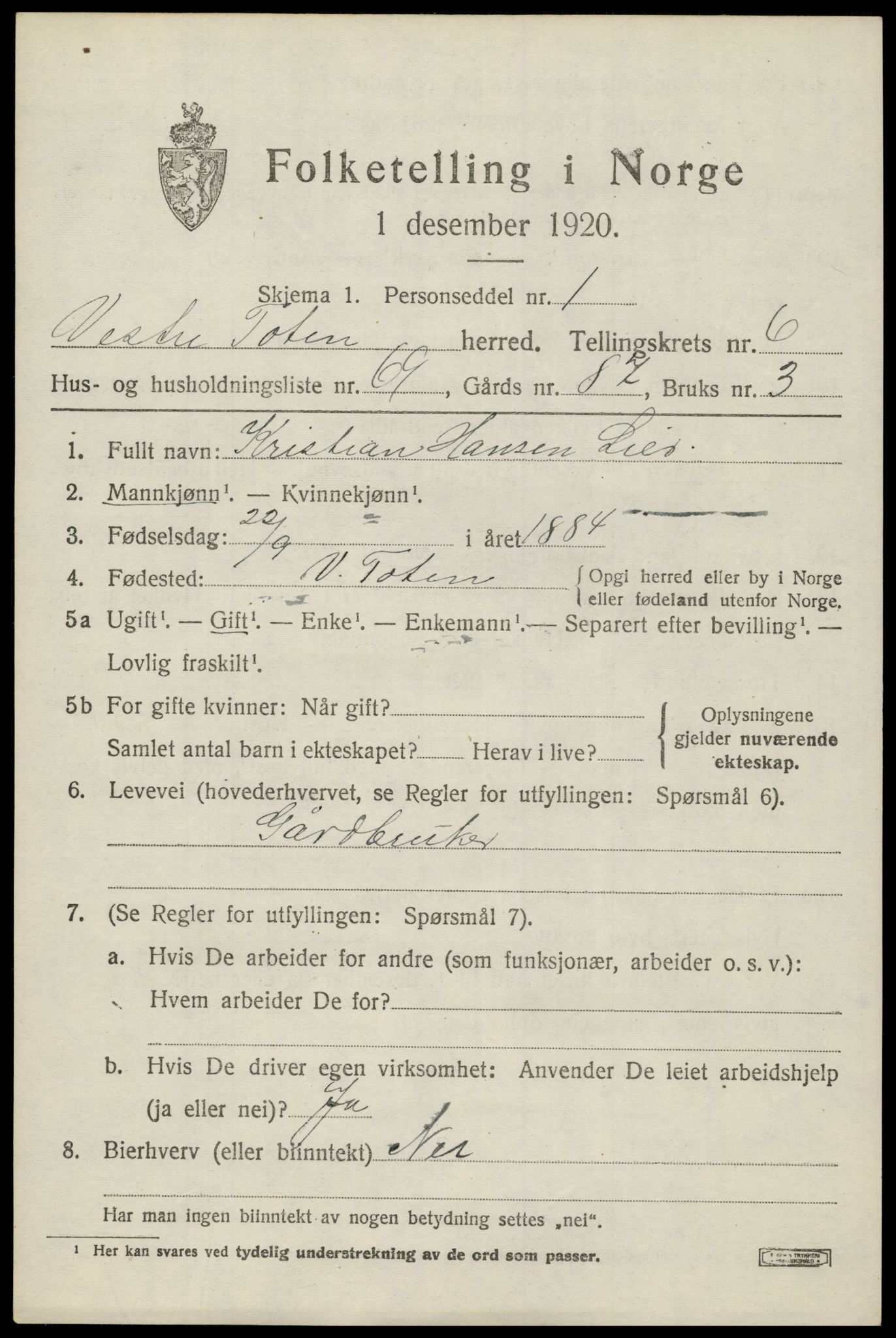 SAH, 1920 census for Vestre Toten, 1920, p. 8910