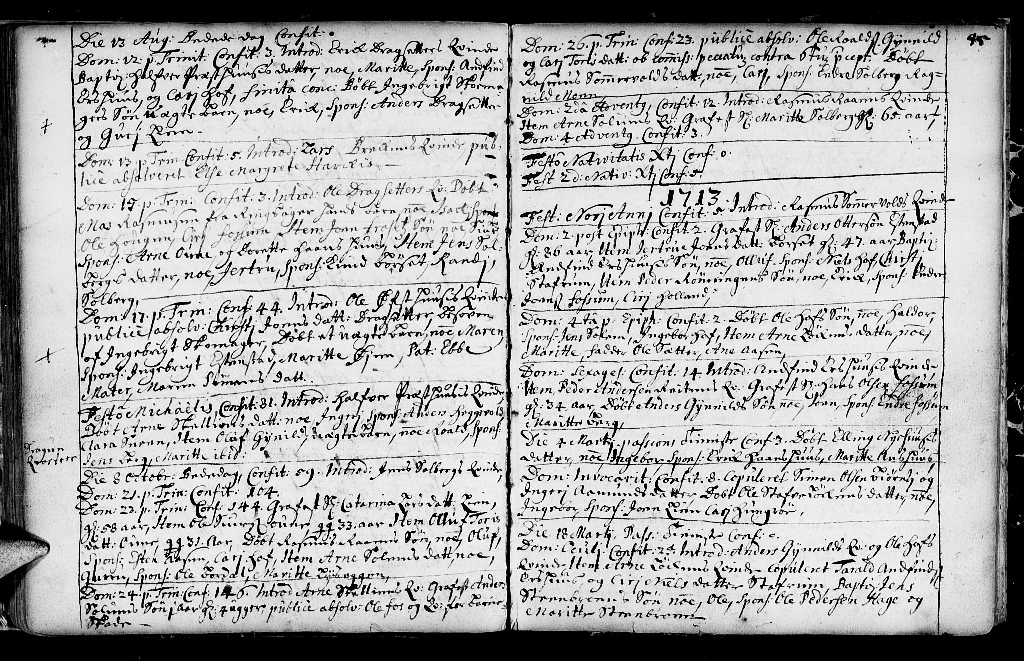 Ministerialprotokoller, klokkerbøker og fødselsregistre - Sør-Trøndelag, SAT/A-1456/689/L1036: Parish register (official) no. 689A01, 1696-1746, p. 45