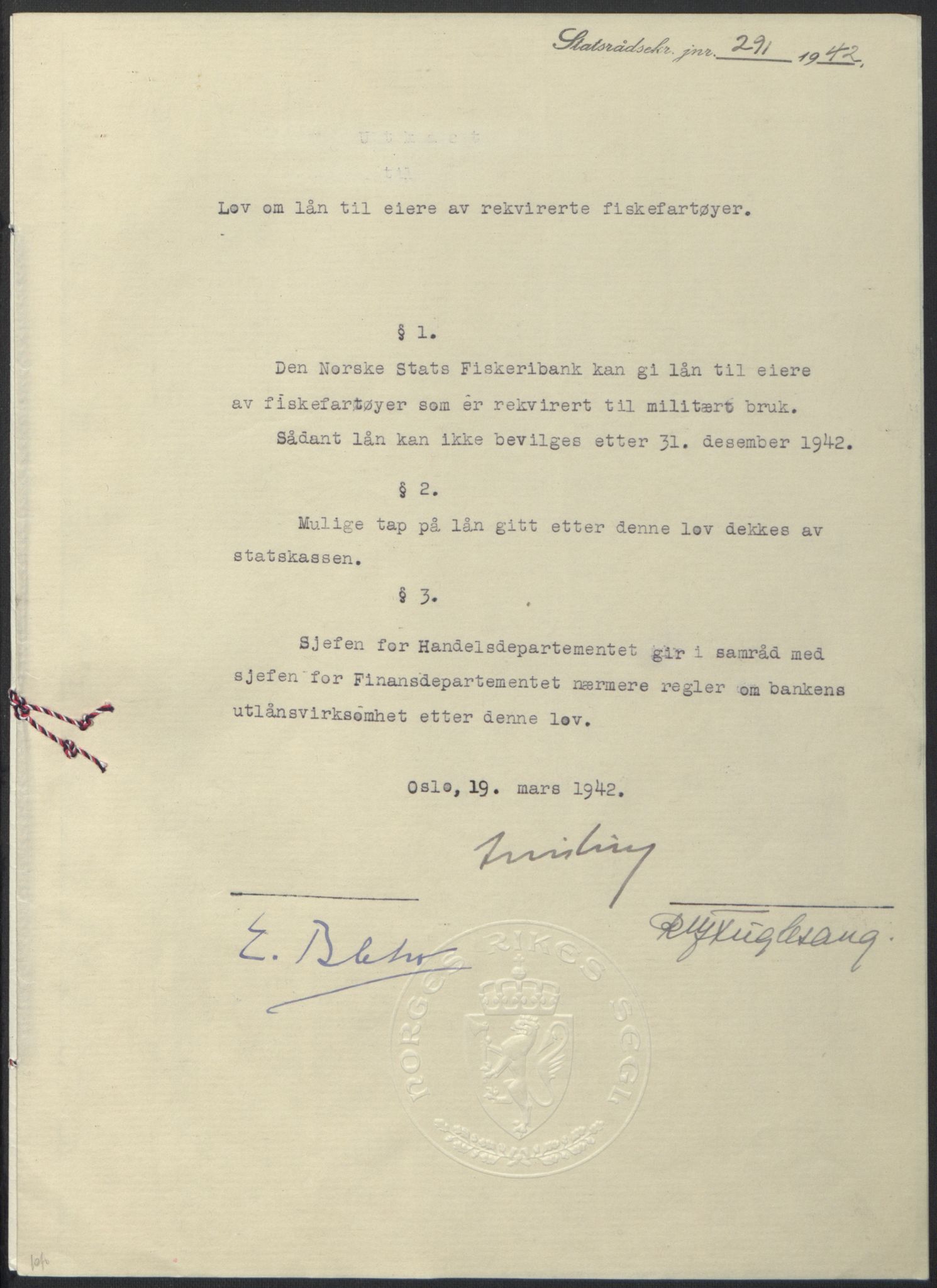 NS-administrasjonen 1940-1945 (Statsrådsekretariatet, de kommisariske statsråder mm), RA/S-4279/D/Db/L0097: Lover I, 1942, p. 205