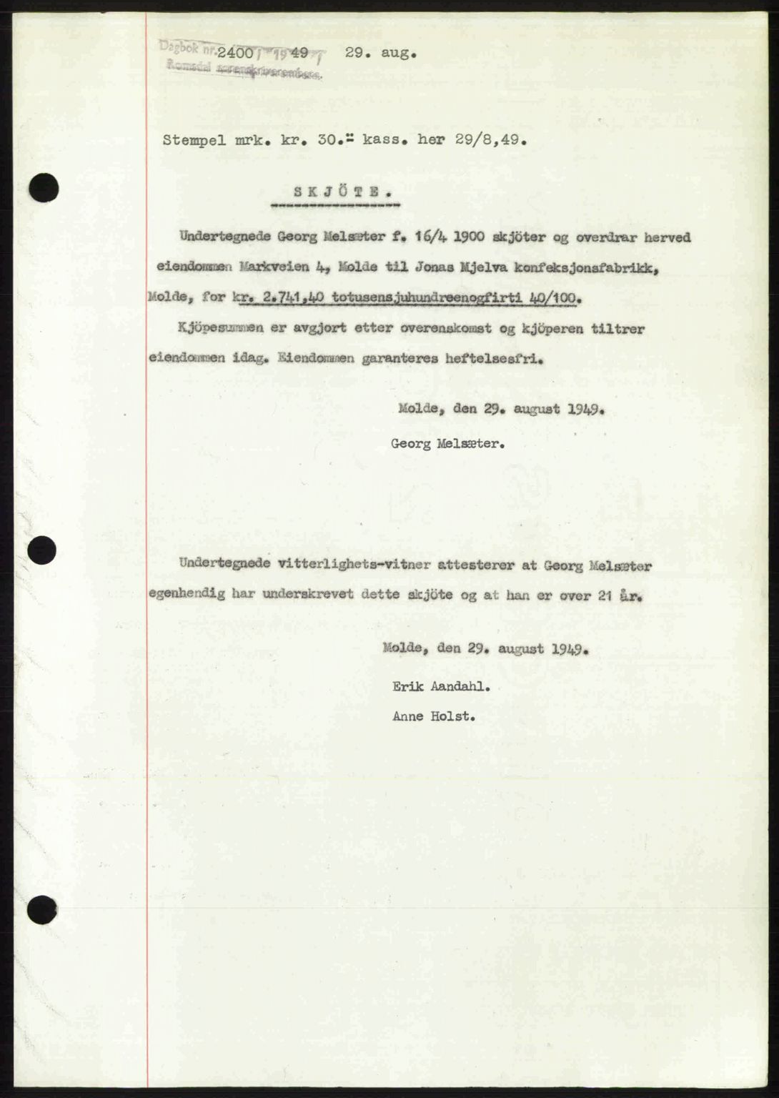 Romsdal sorenskriveri, AV/SAT-A-4149/1/2/2C: Mortgage book no. A30, 1949-1949, Diary no: : 2400/1949