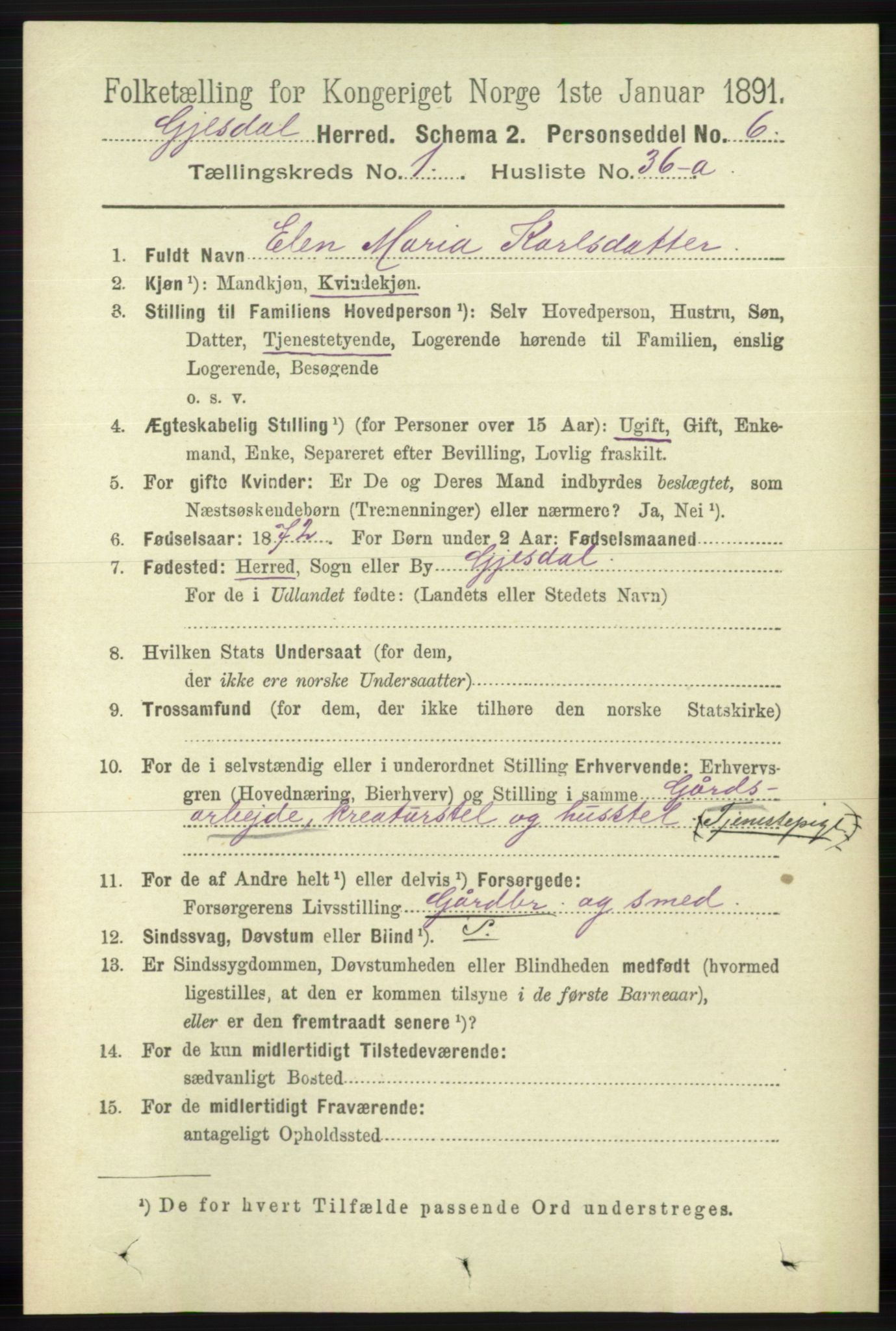 RA, 1891 census for 1122 Gjesdal, 1891, p. 329