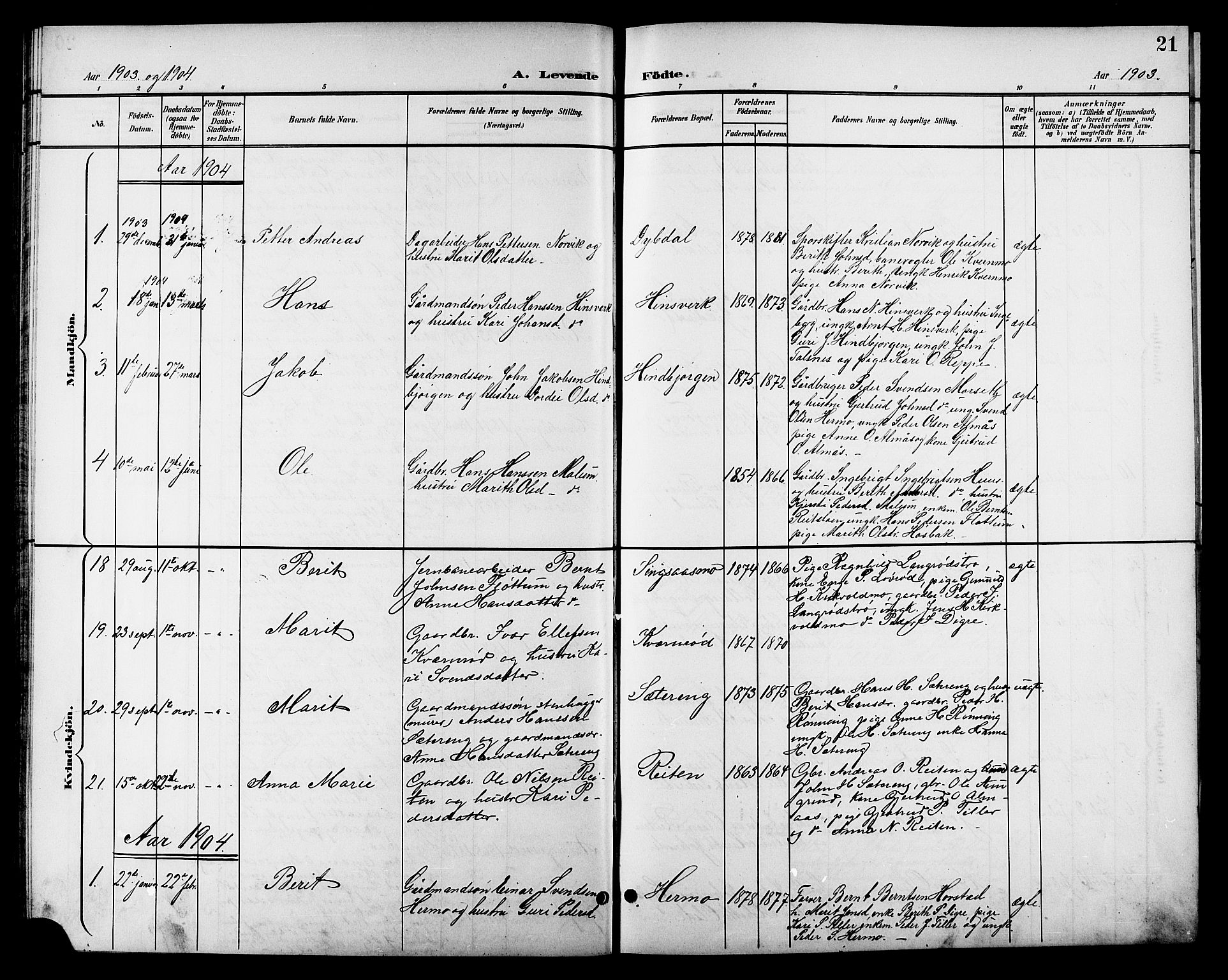 Ministerialprotokoller, klokkerbøker og fødselsregistre - Sør-Trøndelag, SAT/A-1456/688/L1029: Parish register (copy) no. 688C04, 1899-1915, p. 21