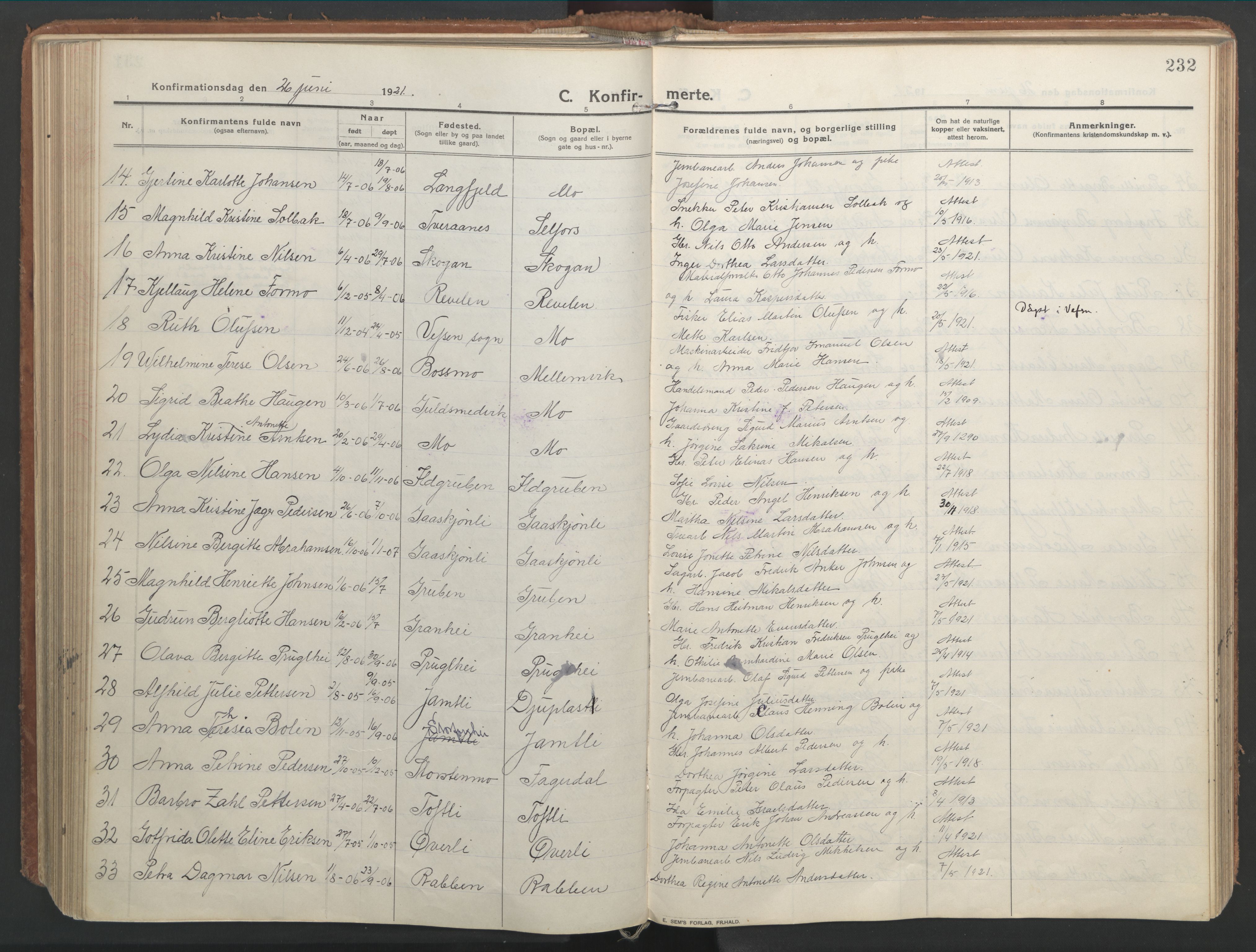 Ministerialprotokoller, klokkerbøker og fødselsregistre - Nordland, AV/SAT-A-1459/827/L0404: Parish register (official) no. 827A16, 1912-1925, p. 232