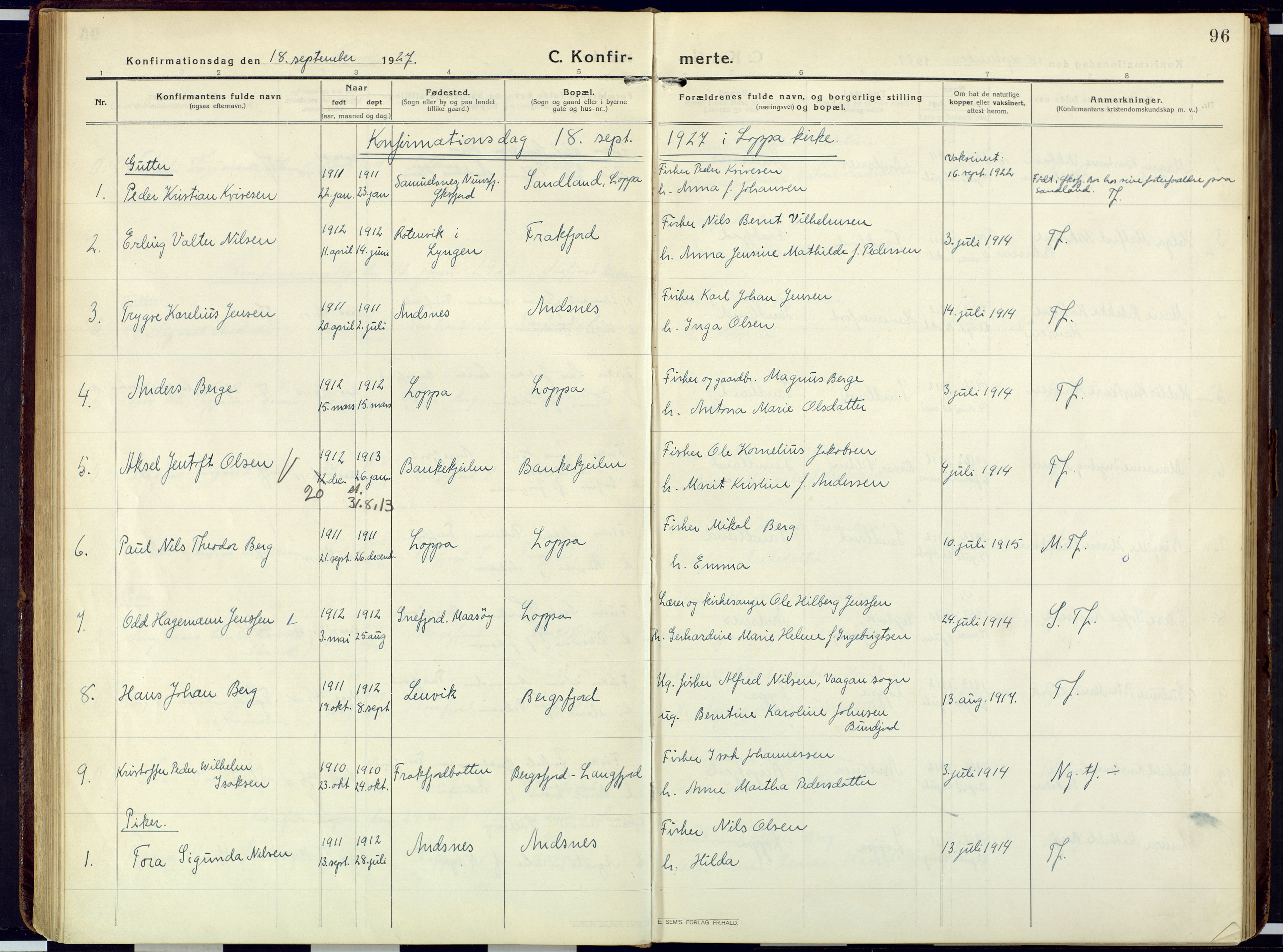 Loppa sokneprestkontor, SATØ/S-1339/H/Ha/L0013kirke: Parish register (official) no. 13, 1920-1932, p. 96