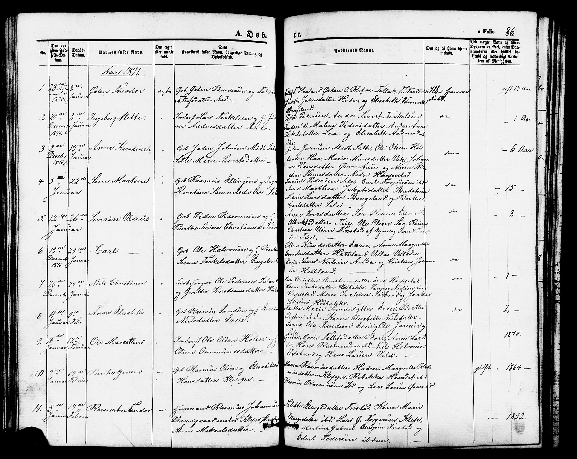 Klepp sokneprestkontor, SAST/A-101803/001/3/30BB/L0002: Parish register (copy) no. B 2, 1860-1875, p. 86