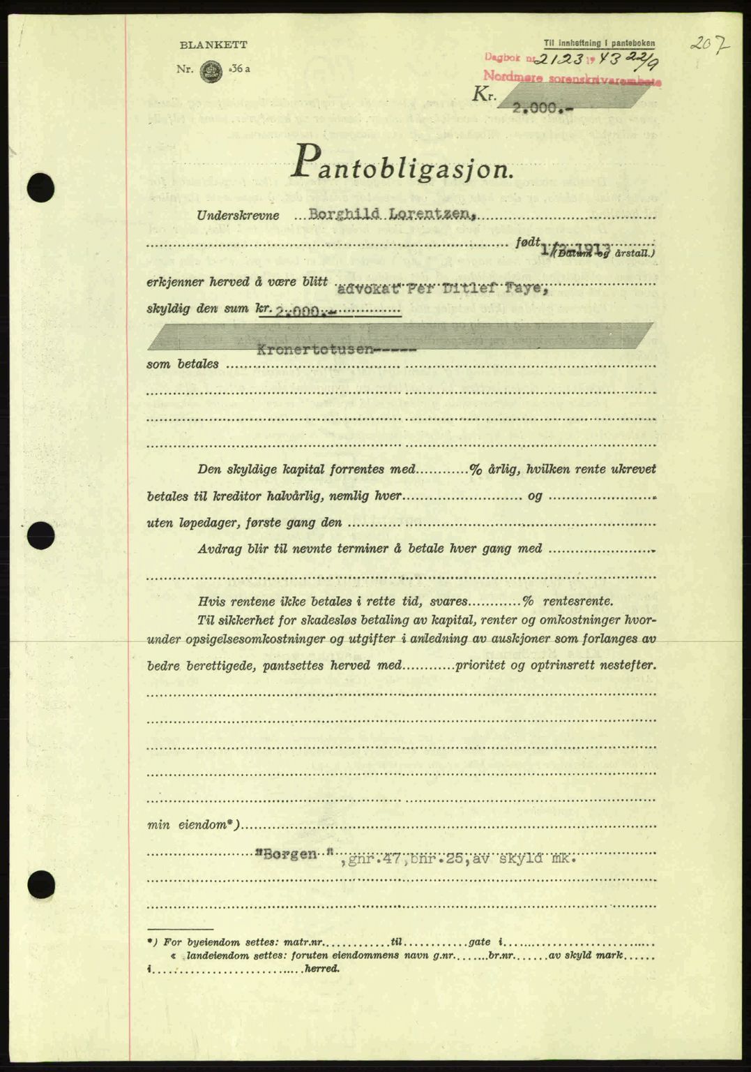 Nordmøre sorenskriveri, AV/SAT-A-4132/1/2/2Ca: Mortgage book no. B91, 1943-1944, Diary no: : 2123/1943