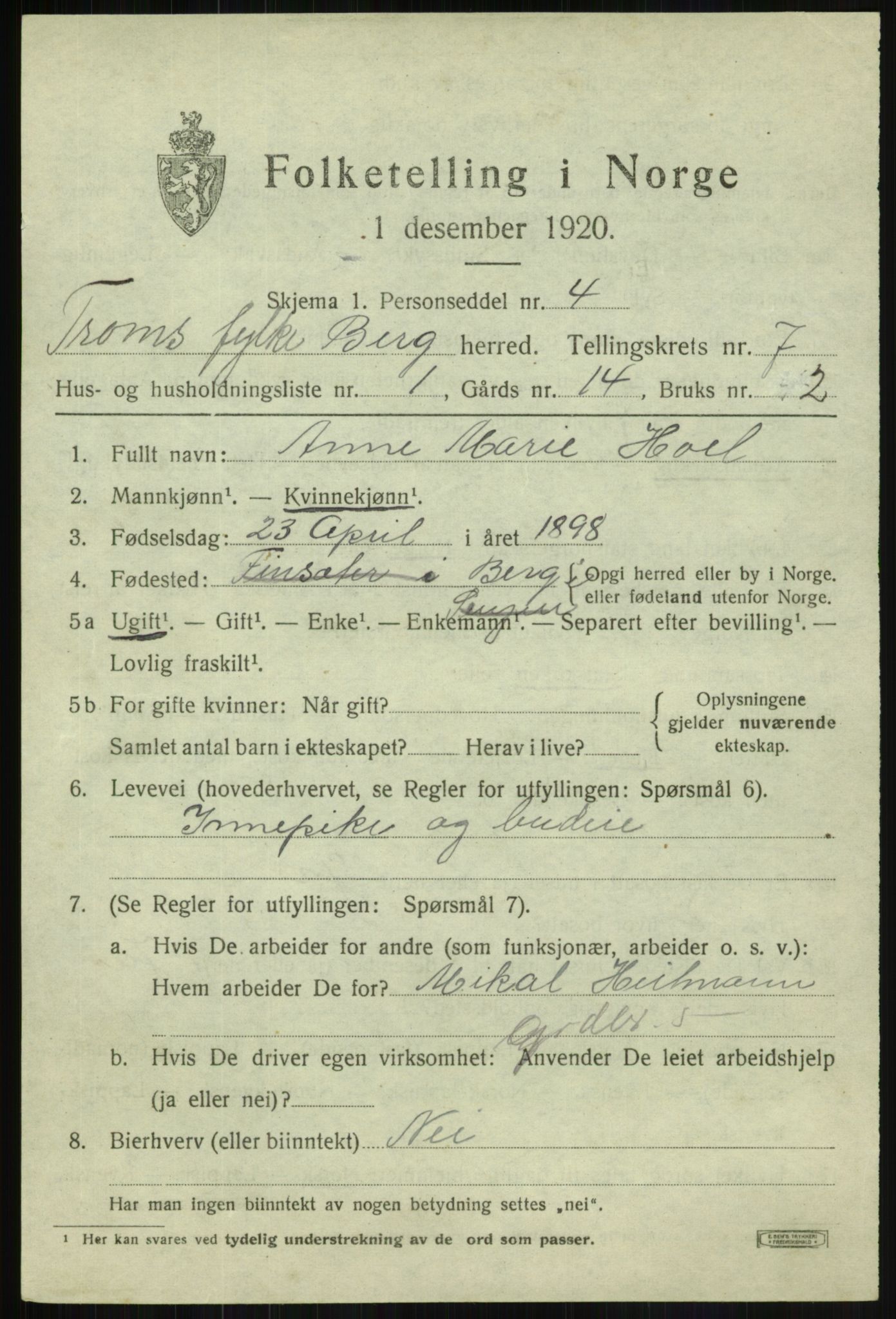 SATØ, 1920 census for Berg, 1920, p. 2438