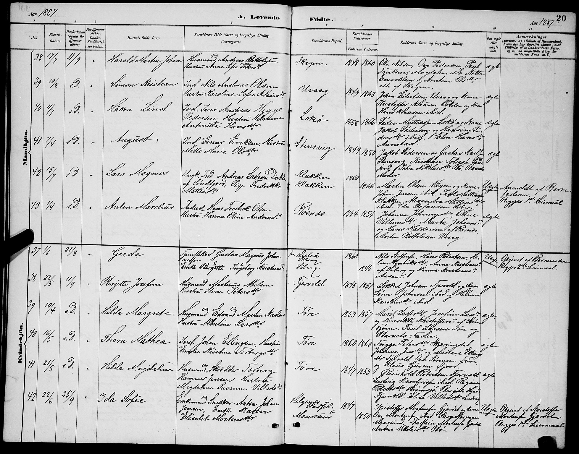 Ministerialprotokoller, klokkerbøker og fødselsregistre - Nordland, AV/SAT-A-1459/891/L1315: Parish register (copy) no. 891C04, 1886-1893, p. 20