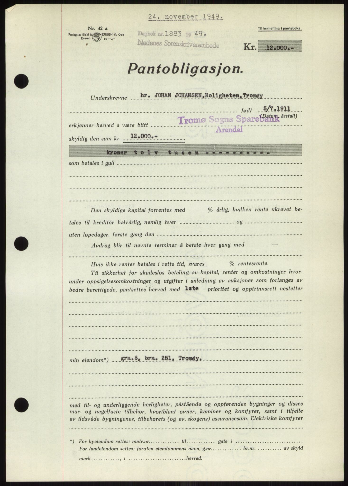 Nedenes sorenskriveri, AV/SAK-1221-0006/G/Gb/Gbb/L0007: Mortgage book no. B7, 1949-1950, Diary no: : 1883/1949