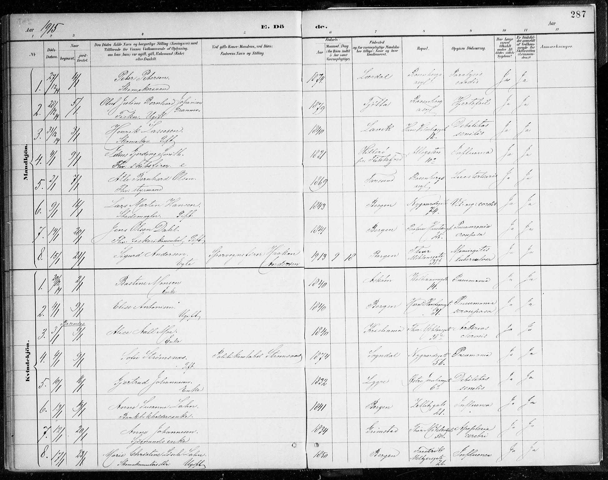 Johanneskirken sokneprestembete, SAB/A-76001/H/Haa/L0019: Parish register (official) no. E 1, 1885-1915, p. 287