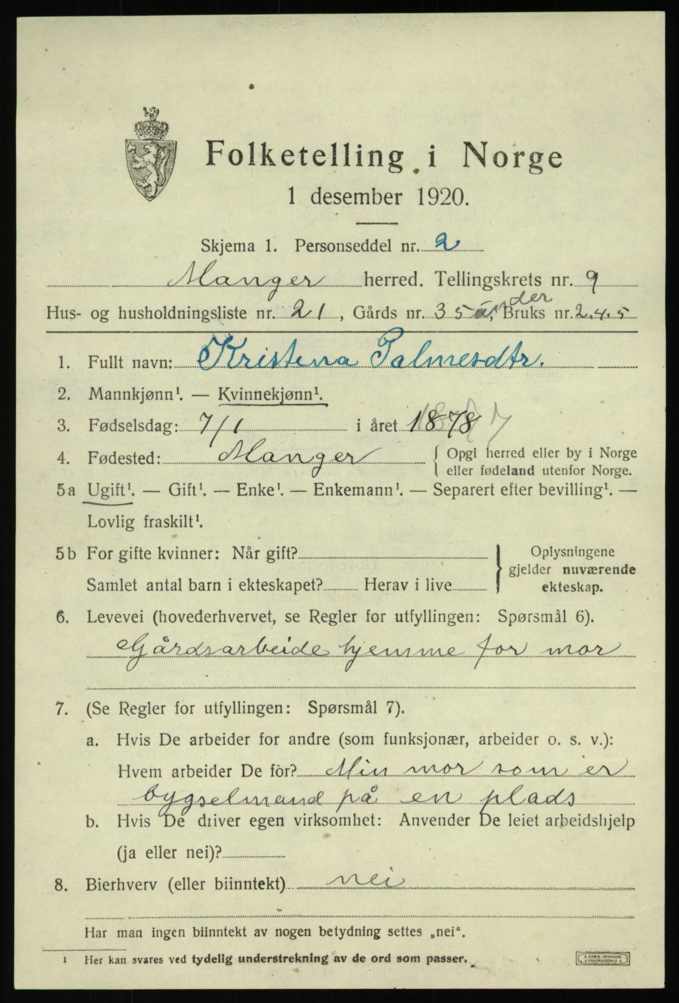 SAB, 1920 census for Manger, 1920, p. 5725