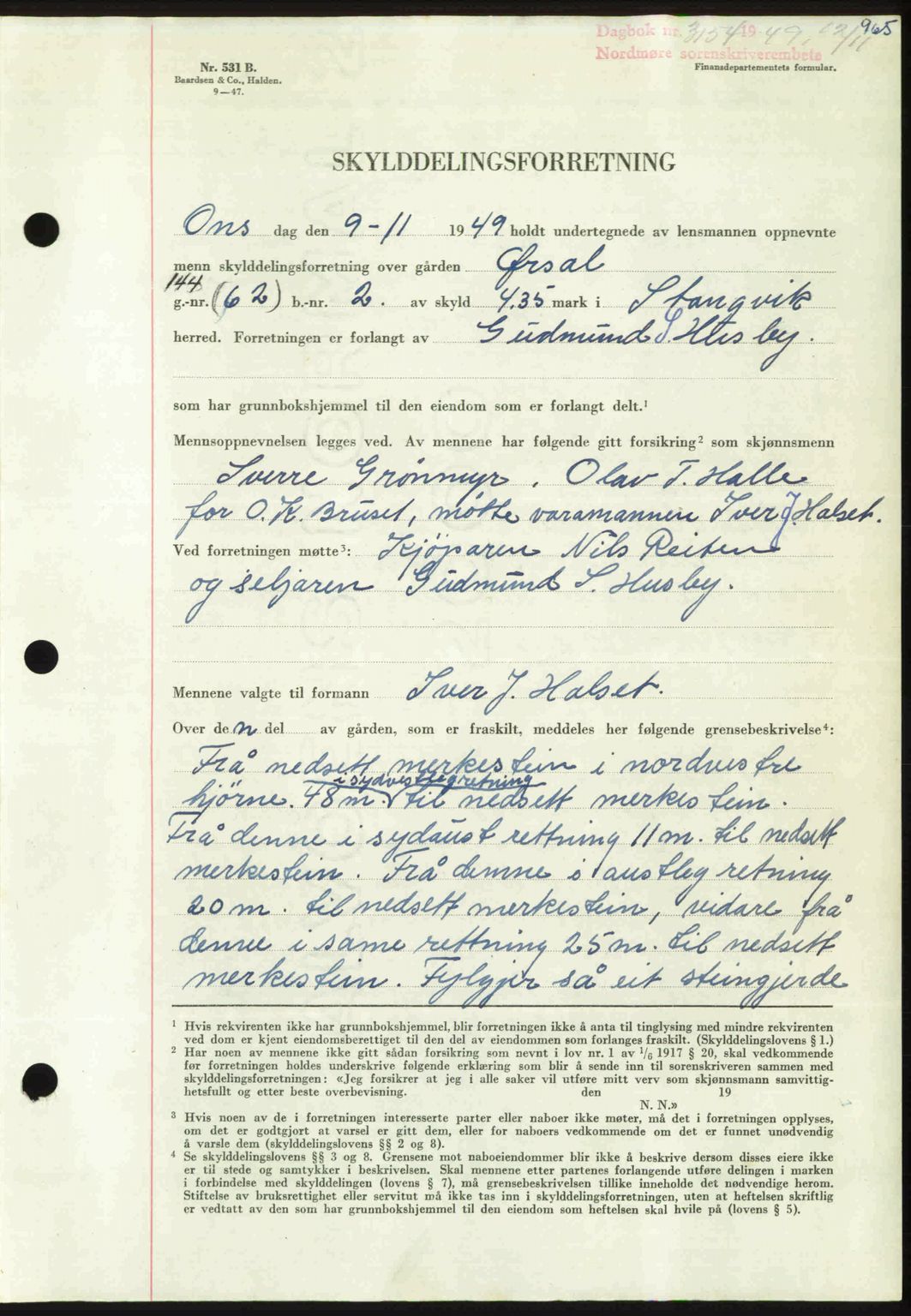 Nordmøre sorenskriveri, AV/SAT-A-4132/1/2/2Ca: Mortgage book no. A112, 1949-1949, Diary no: : 3154/1949