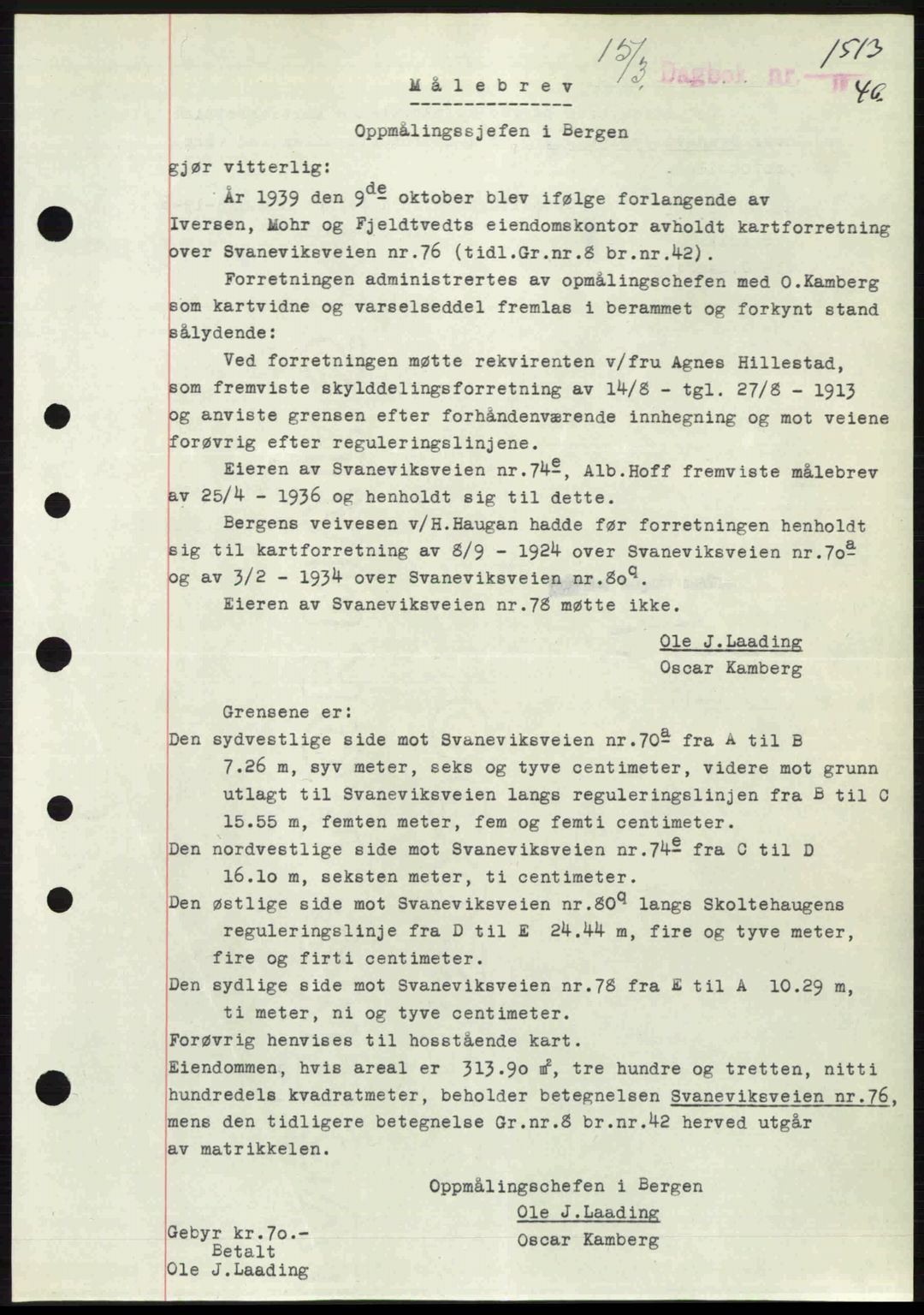 Byfogd og Byskriver i Bergen, SAB/A-3401/03/03Bc/L0022: Mortgage book no. A18, 1946-1946, Diary no: : 1513/1946