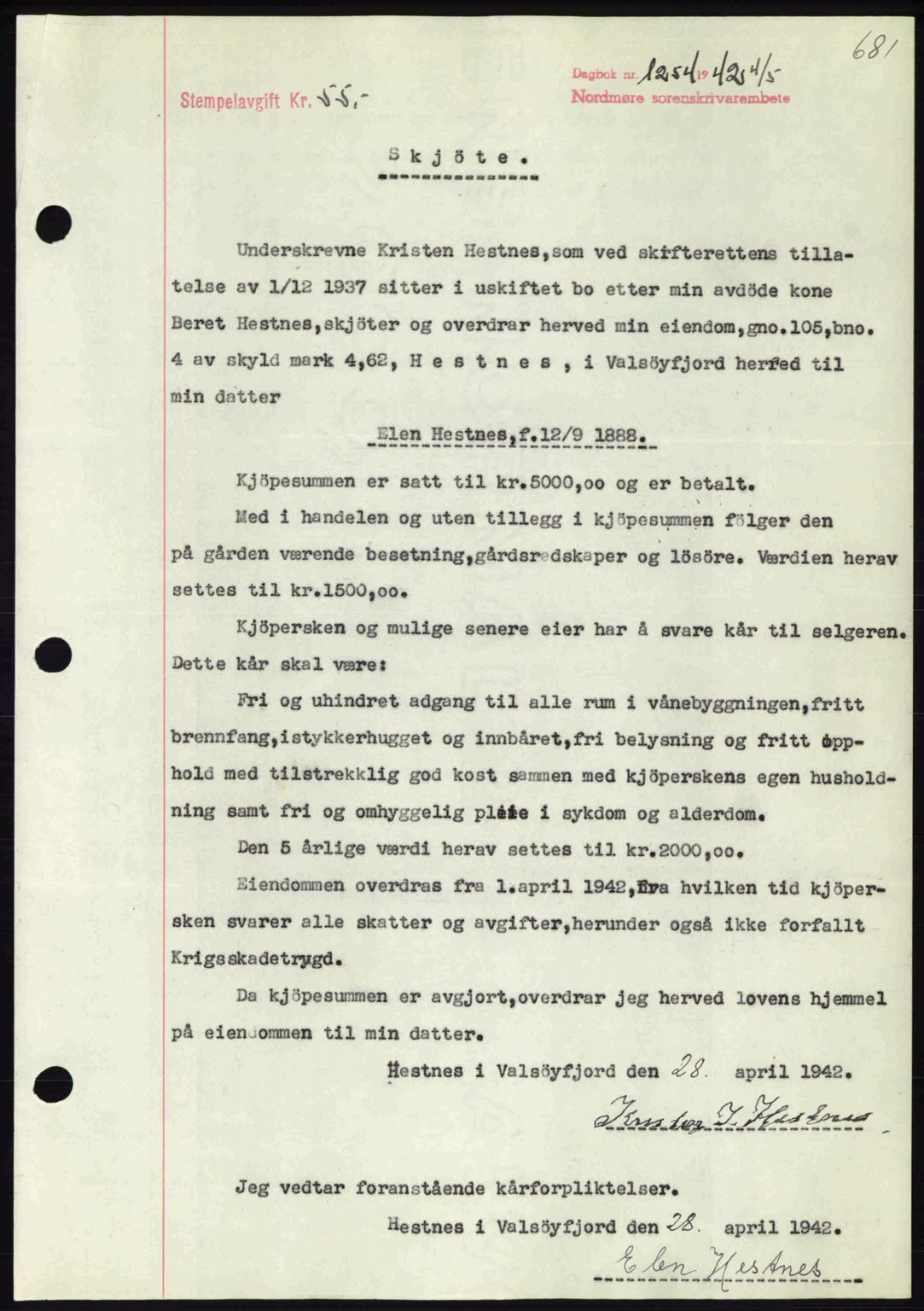 Nordmøre sorenskriveri, AV/SAT-A-4132/1/2/2Ca: Mortgage book no. A92, 1942-1942, Diary no: : 1254/1942