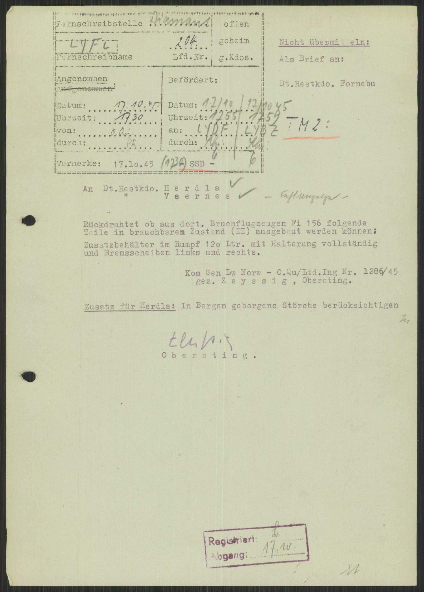 Deutscher Oberbefehlshaber Norwegen (DOBN), AV/RA-RAFA-2197/D/Di/L0066: AOK 20/WBN-DOBN Luftwaffe/Komm G. d.Dt.Lw. in Norwegen, 1945, p. 761