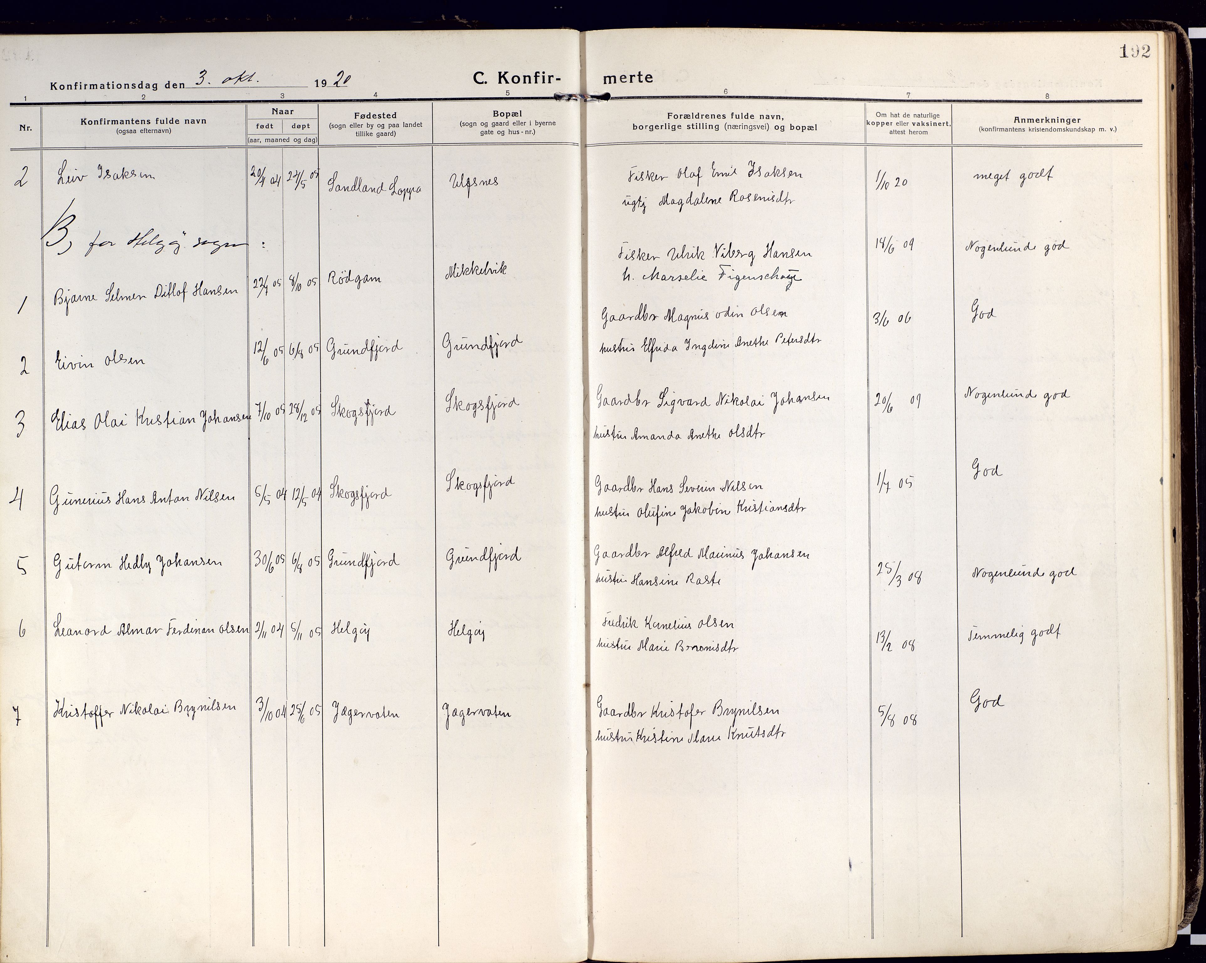 Karlsøy sokneprestembete, SATØ/S-1299/H/Ha/Haa/L0015kirke: Parish register (official) no. 15, 1918-1929, p. 192