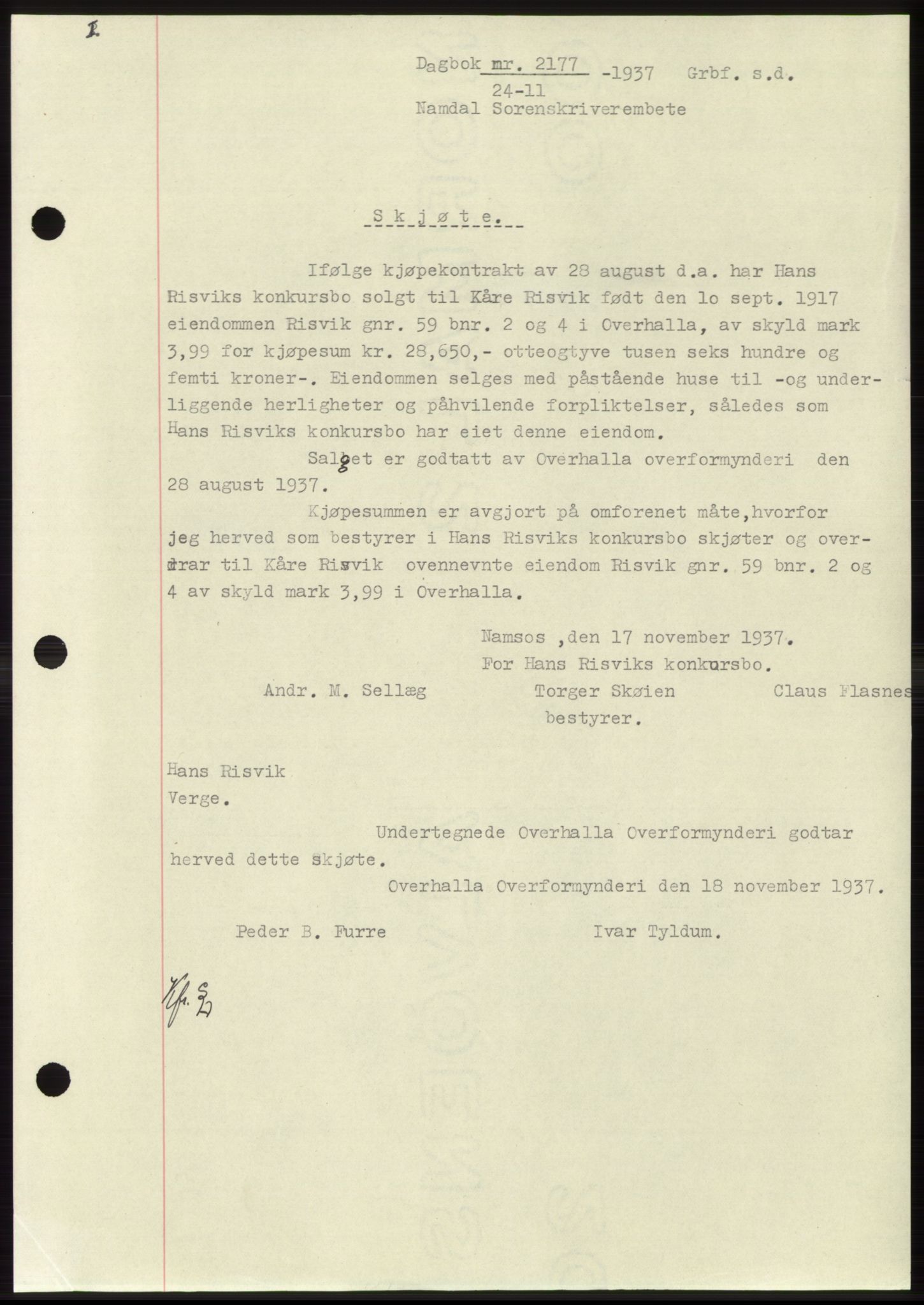 Namdal sorenskriveri, SAT/A-4133/1/2/2C: Mortgage book no. -, 1937-1939, Deed date: 24.11.1937