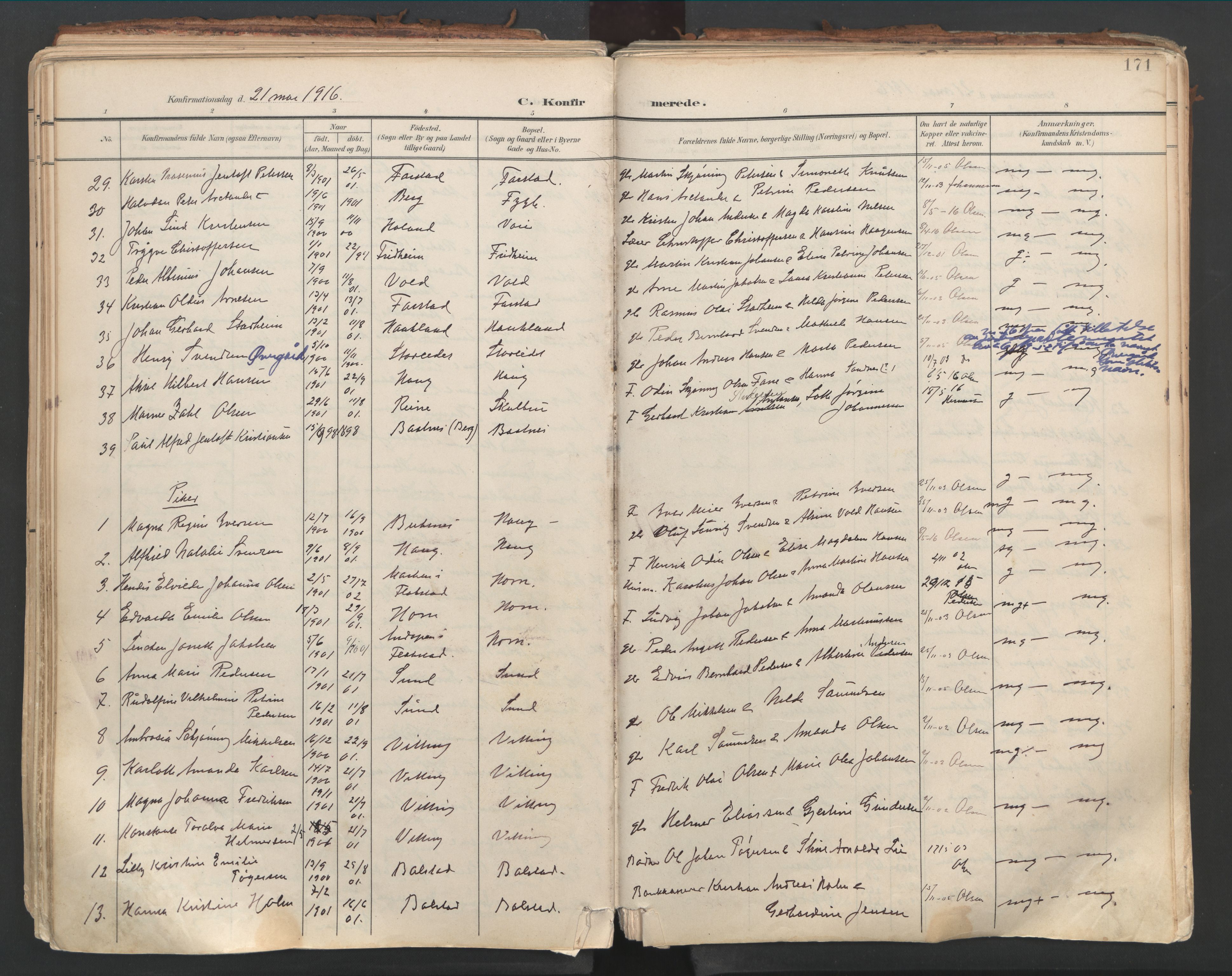 Ministerialprotokoller, klokkerbøker og fødselsregistre - Nordland, AV/SAT-A-1459/881/L1154: Parish register (official) no. 881A07, 1907-1918, p. 171