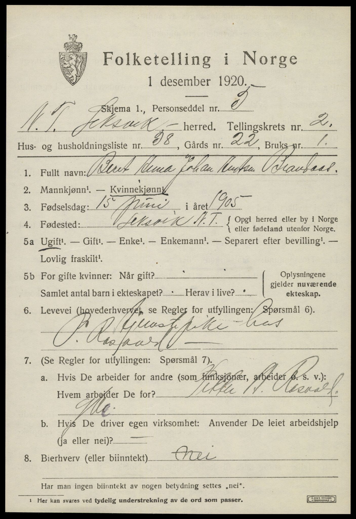 SAT, 1920 census for Leksvik, 1920, p. 2406