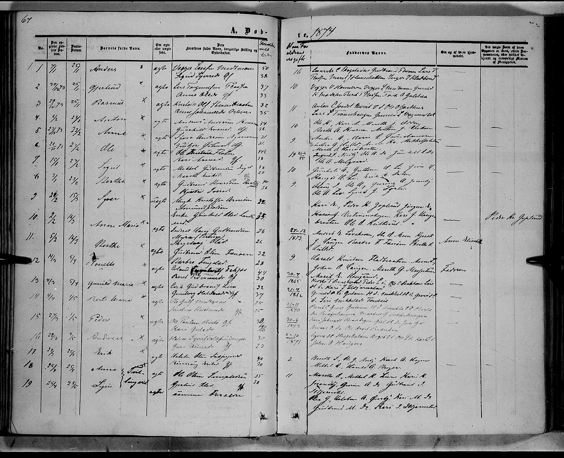 Sør-Aurdal prestekontor, SAH/PREST-128/H/Ha/Haa/L0007: Parish register (official) no. 7, 1849-1876, p. 67